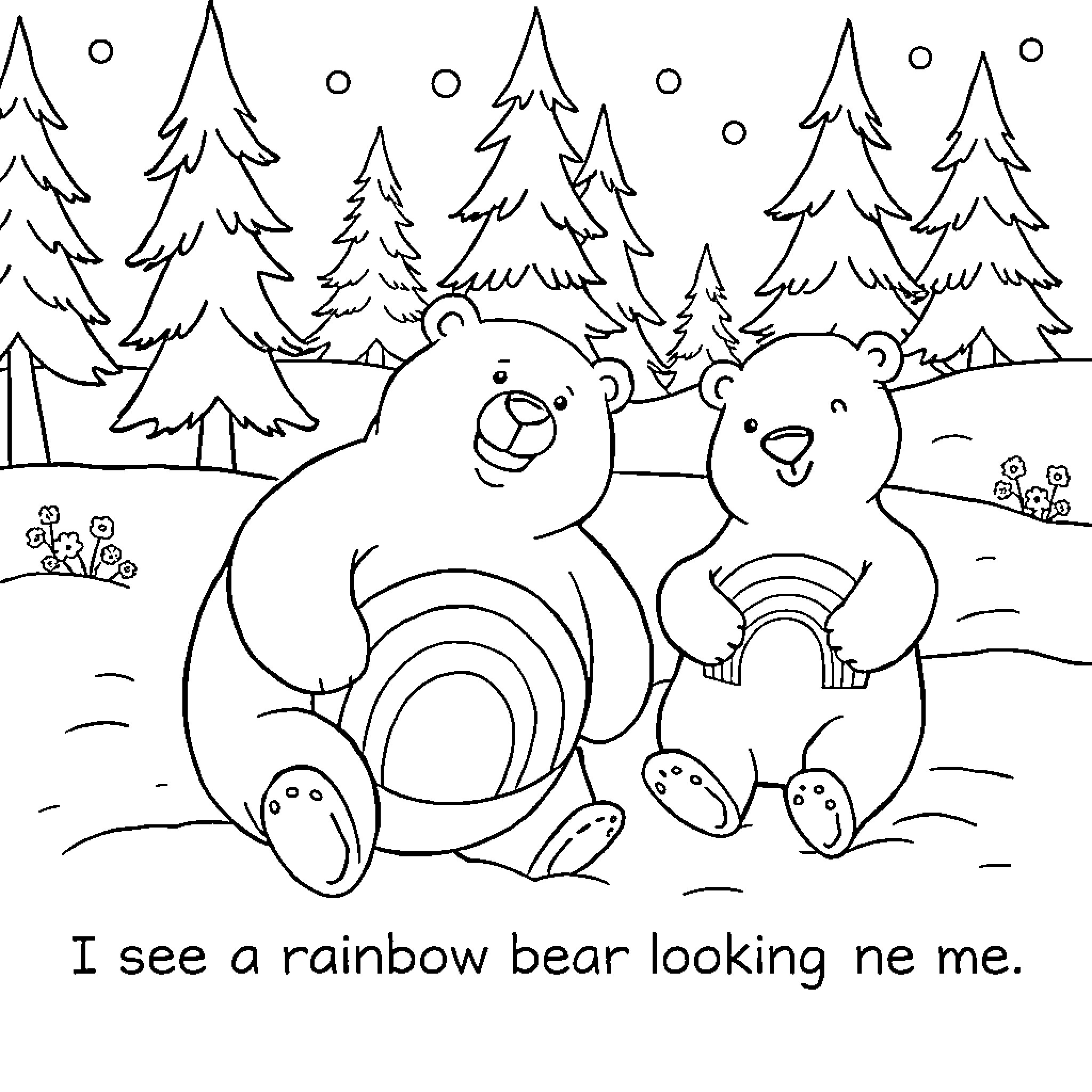 Bear pair in winter wonderland Coloring Page (free black-and-white line drawing printable PDF for all, from beginners to advanced learners, including children, teens, adults, and seniors)