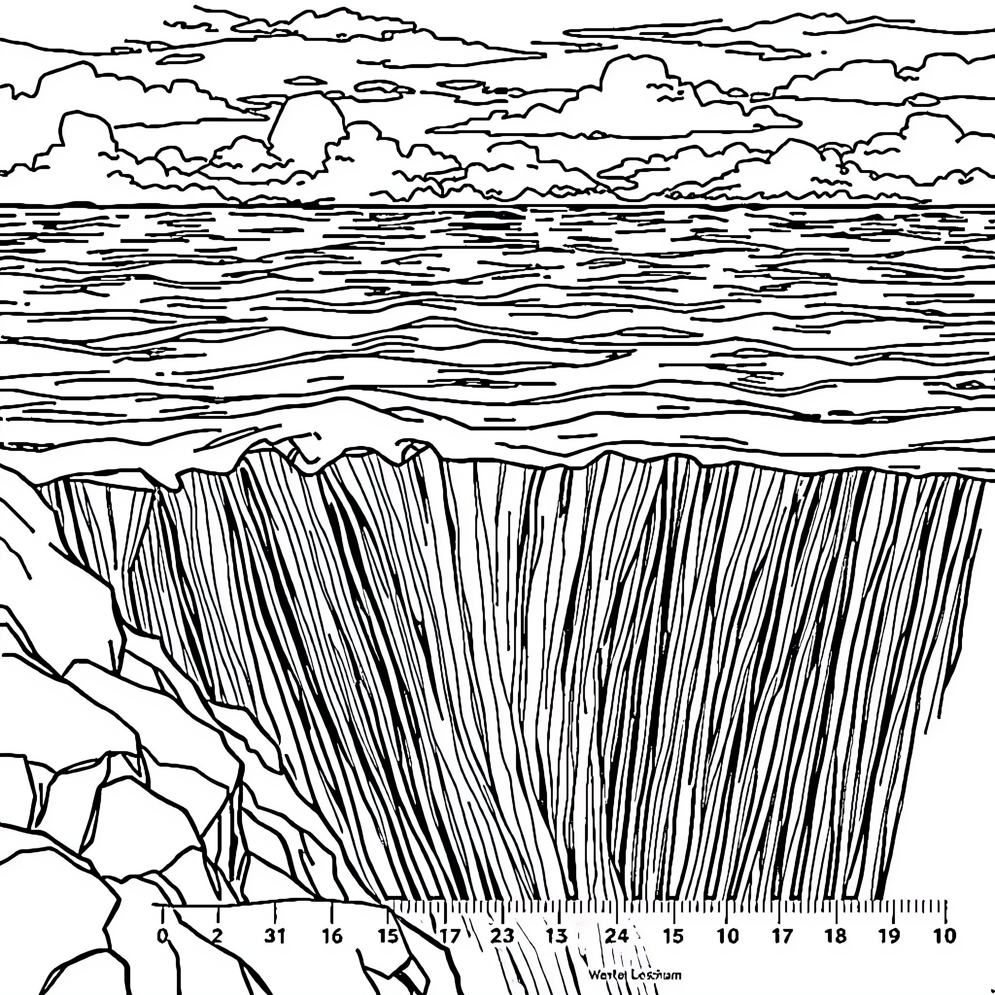 Ocean Waves Crashing Against Rocky Cliffs Coloring Page (free black-and-white line drawing printable PDF for all, from beginners to advanced learners, including children, teens, adults, and seniors)