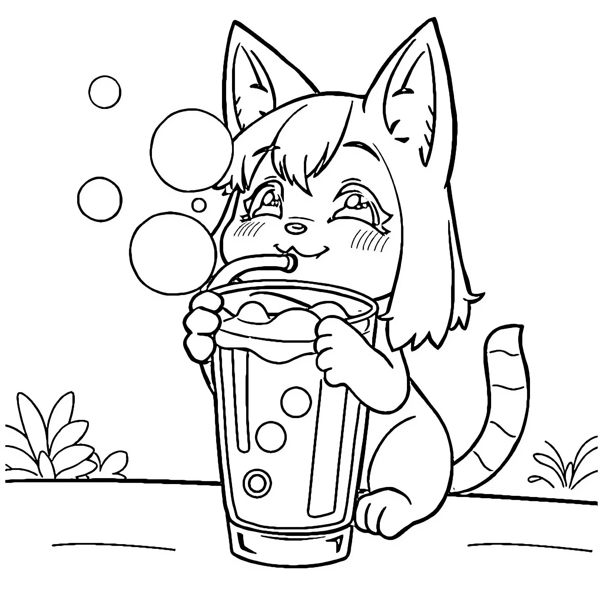 Kuromi enjoying a refreshing drink Coloring Page (free black-and-white line drawing printable PDF for all, from beginners to advanced learners, including children, teens, adults, and seniors)