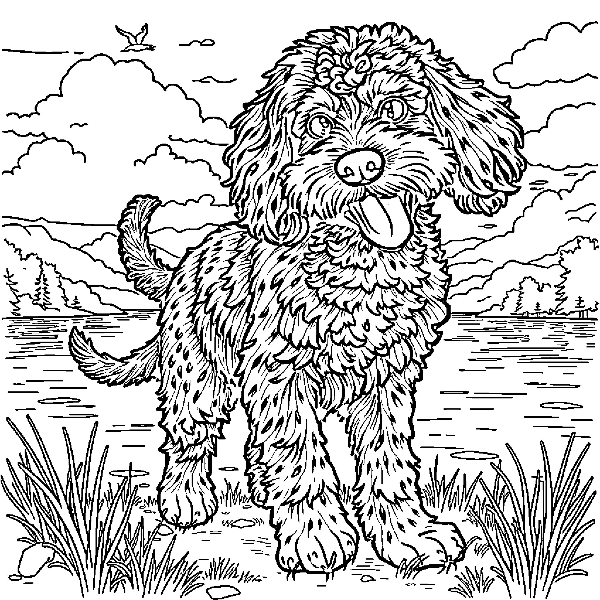 Irish Water Spaniel playing joyfully in nature Coloring Page (free black-and-white line drawing printable PDF for all, from beginners to advanced learners, including children, teens, adults, and seniors)