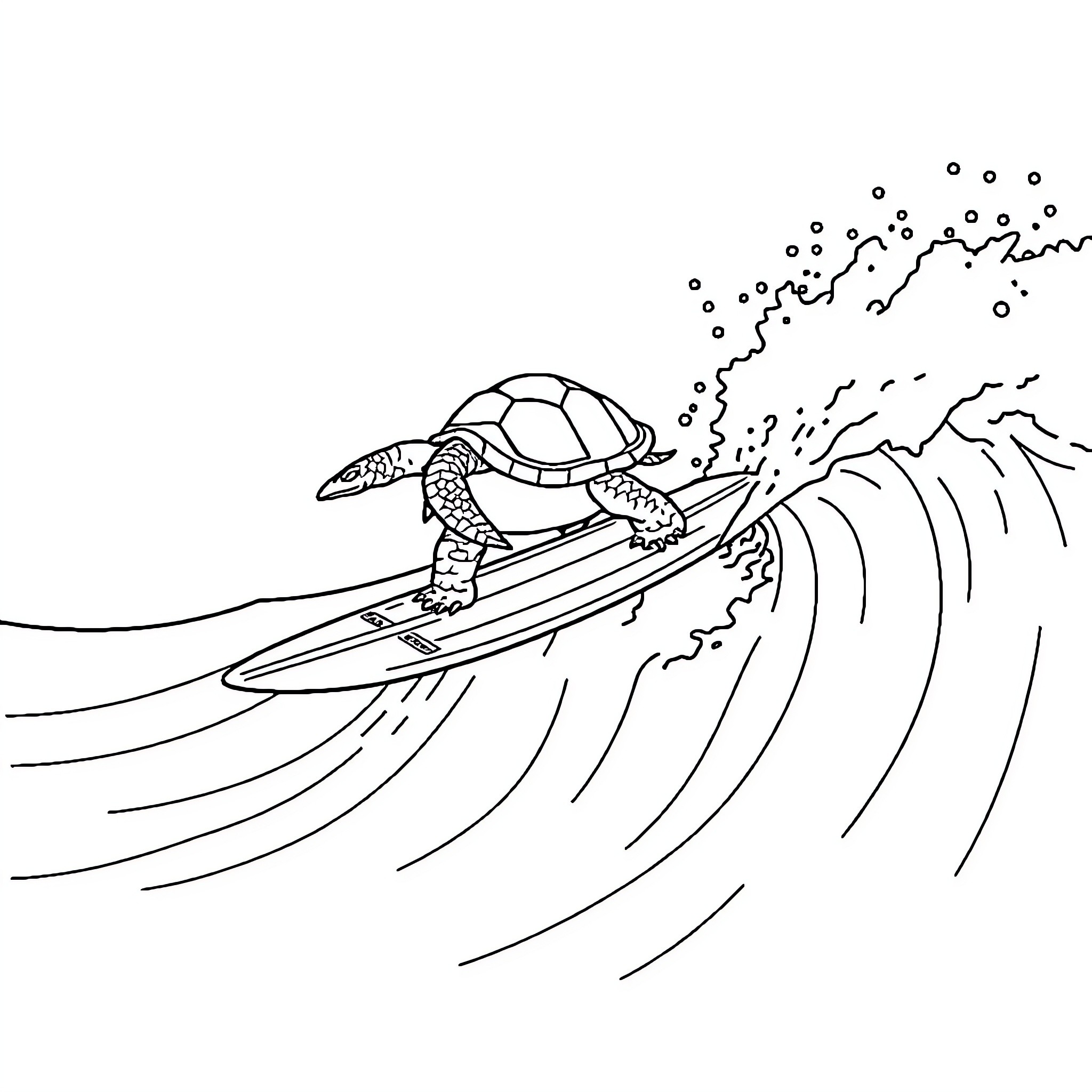 Turtle surfing on a large wave Coloring Page (free black-and-white line drawing printable PDF for all, from beginners to advanced learners, including children, teens, adults, and seniors)