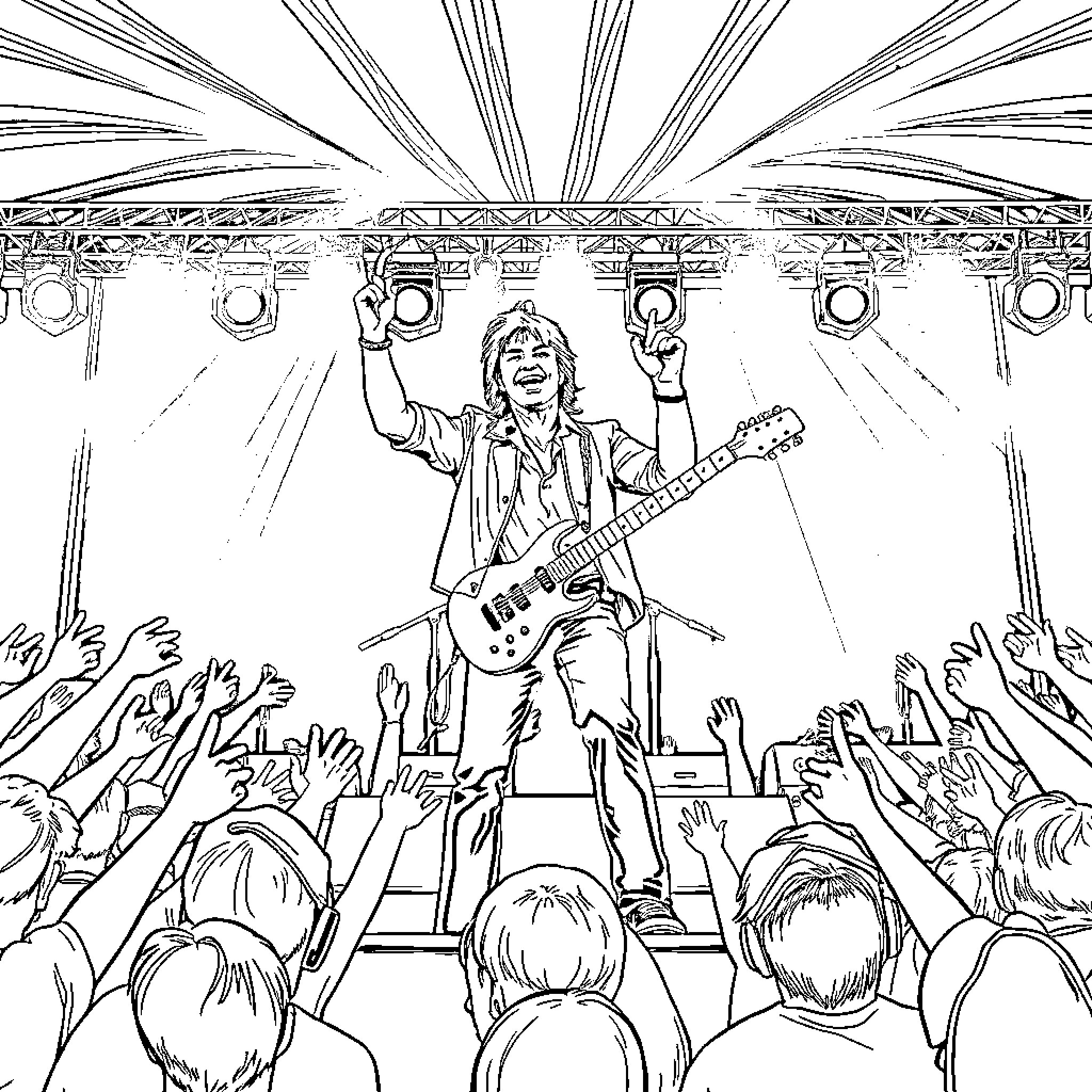 Bon Jovi Rocks the Stage with Energetic Performance Coloring Page (free black-and-white line drawing printable PDF for all, from beginners to advanced learners, including children, teens, adults, and seniors)