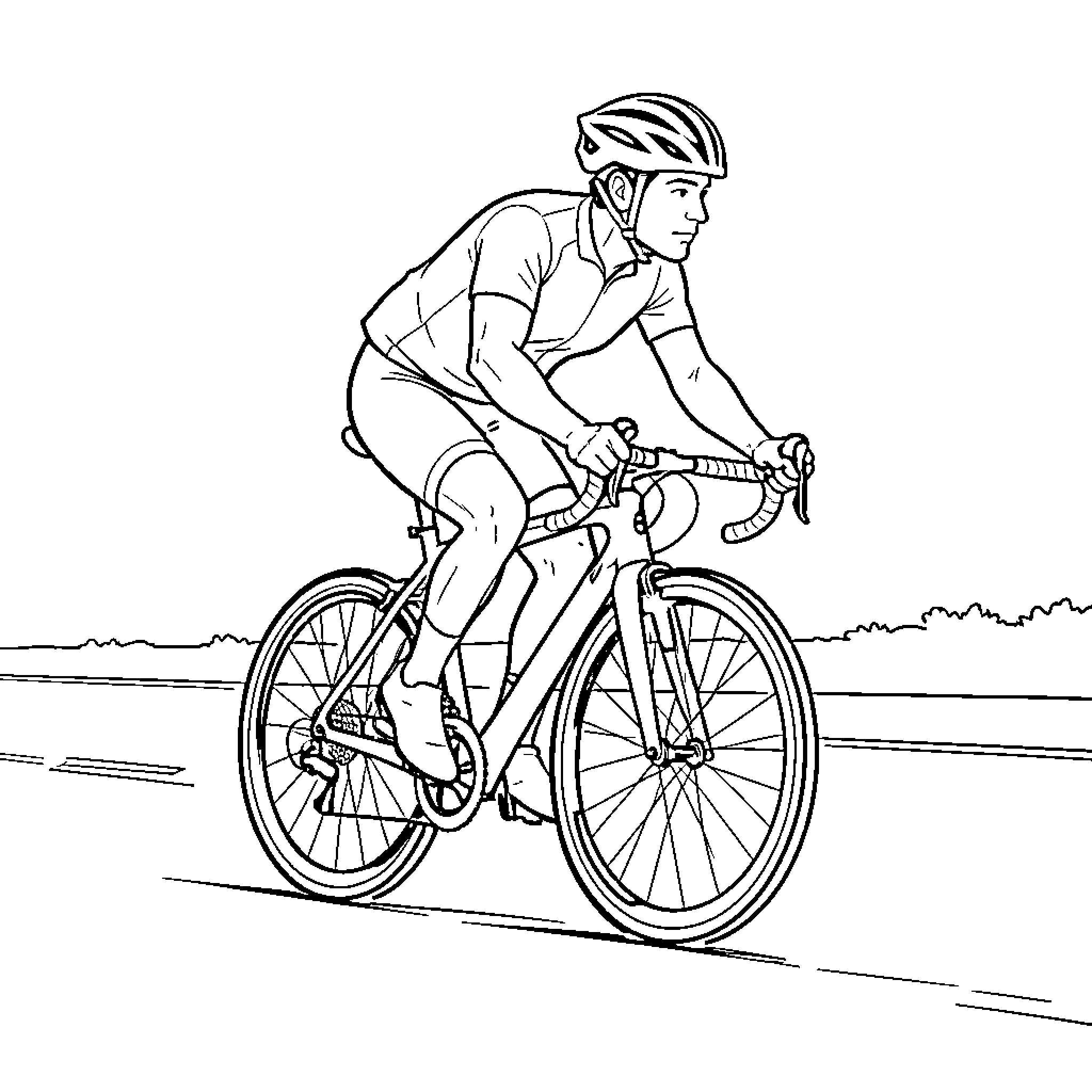 Bicyclist riding a road bike with focus and determination Coloring Page (free black-and-white line drawing printable PDF for all, from beginners to advanced learners, including children, teens, adults, and seniors)