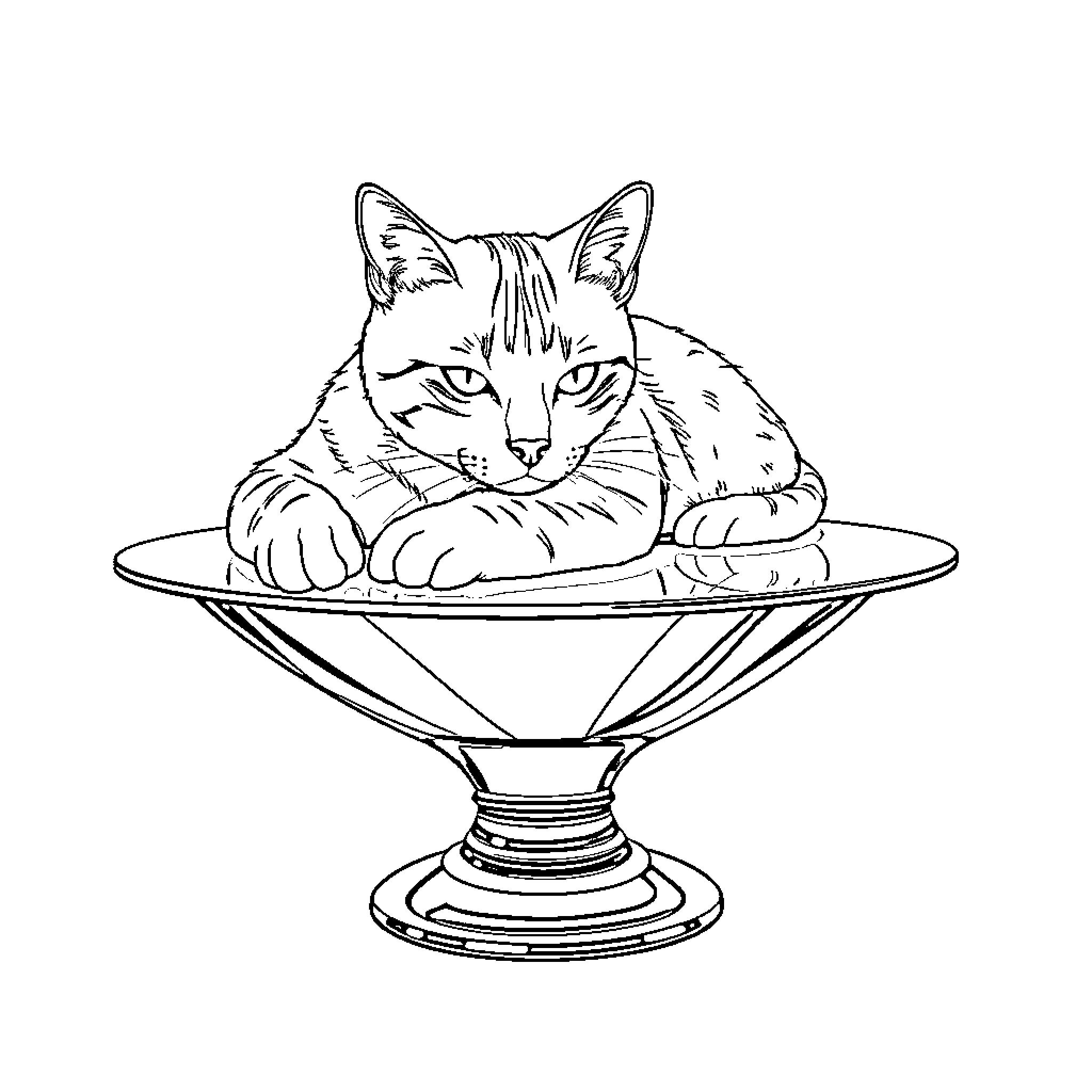 Gato resting comfortably in a glass bowl Coloring Page (free black-and-white line drawing printable PDF for all, from beginners to advanced learners, including children, teens, adults, and seniors)