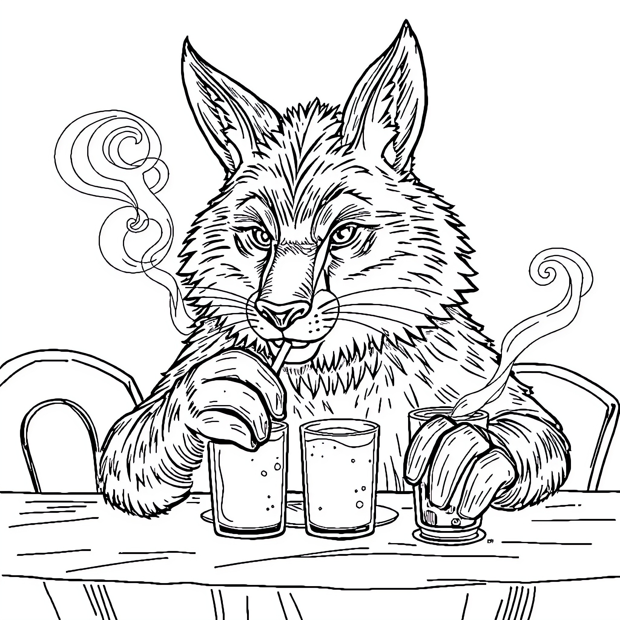 Loup sipping drinks at the bar with a relaxed expression Coloring Page (free black-and-white line drawing printable PDF for all, from beginners to advanced learners, including children, teens, adults, and seniors)