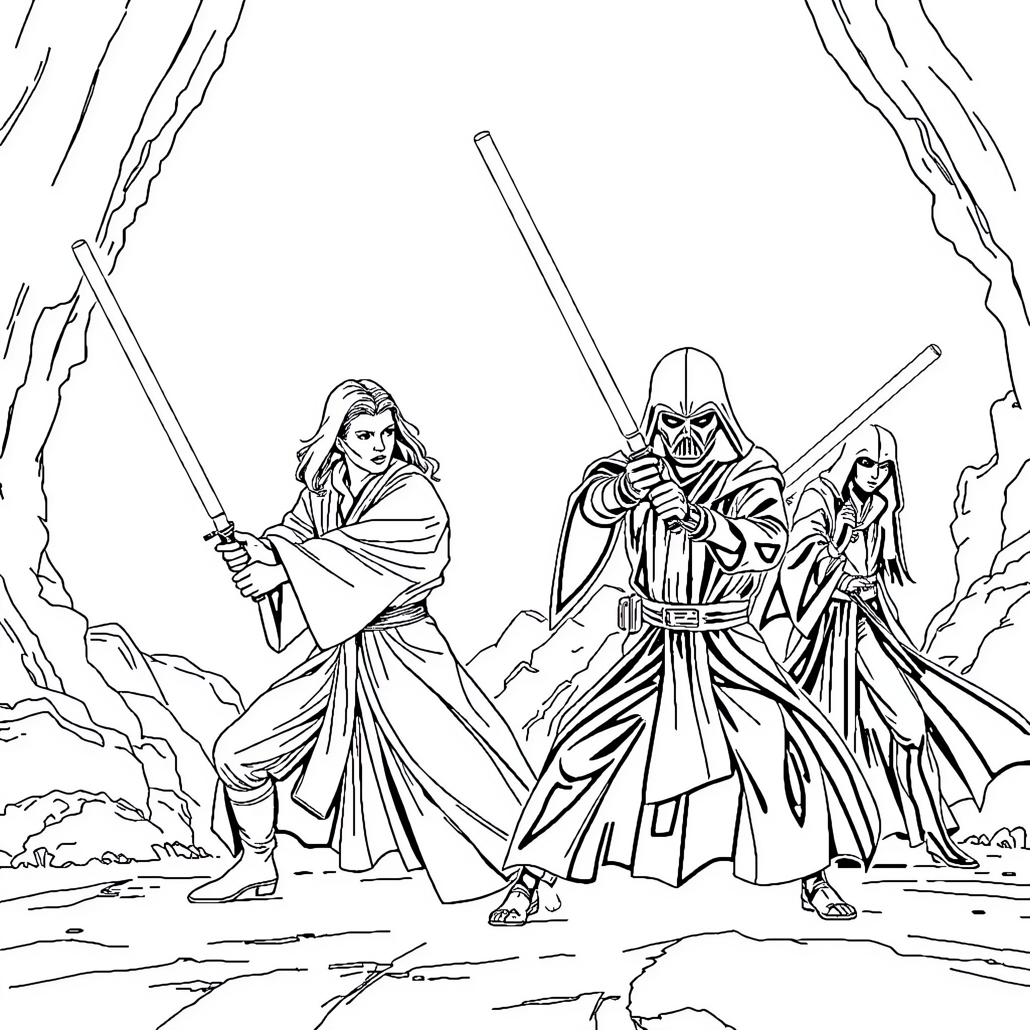 Jedi Knights engaged in intense battle Coloring Page (free black-and-white line drawing printable PDF for all, from beginners to advanced learners, including children, teens, adults, and seniors)