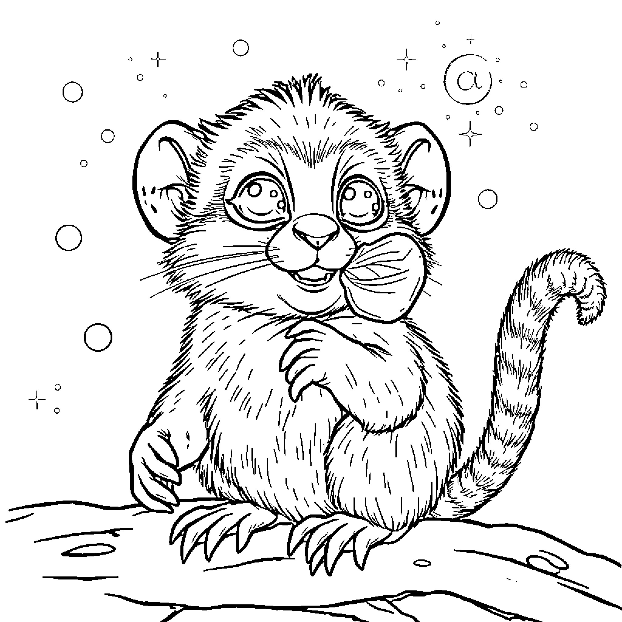 Smiling Furry Creature in Snowy Scene Coloring Page (free black-and-white line drawing printable PDF for all, from beginners to advanced learners, including children, teens, adults, and seniors)