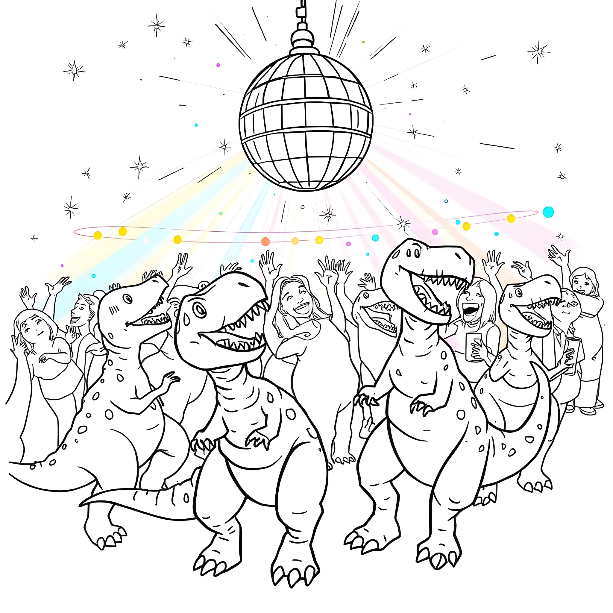 Dino Dinosaurs Dancing Under the Disco Ball Coloring Page (free black-and-white line drawing printable PDF for all, from beginners to advanced learners, including children, teens, adults, and seniors)