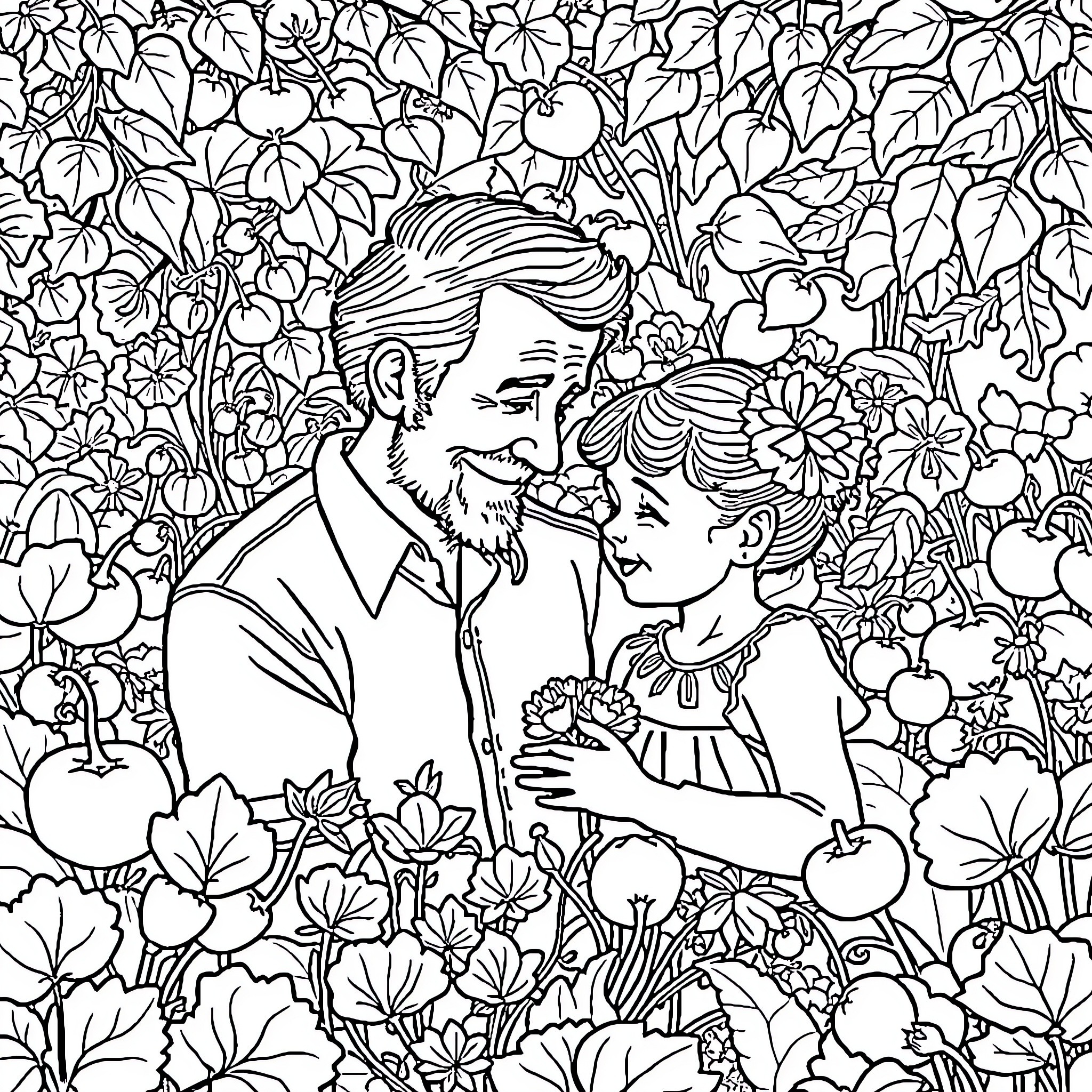 Grandfather and granddaughter enjoy floral surroundings Coloring Page (free black-and-white line drawing printable PDF for all, from beginners to advanced learners, including children, teens, adults, and seniors)