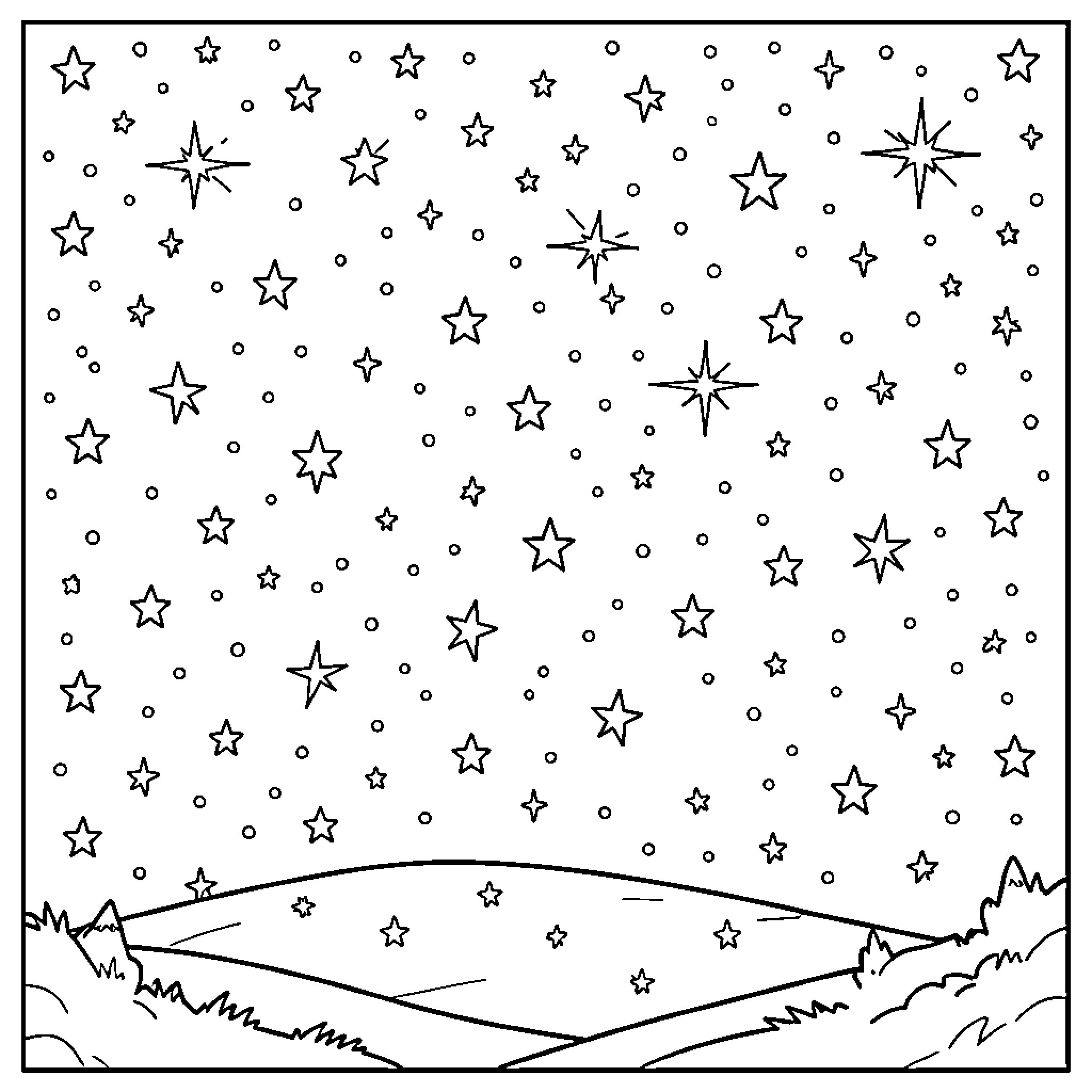 Starry night sky twinkling over rolling hills Coloring Page (free black-and-white line drawing printable PDF for all, from beginners to advanced learners, including children, teens, adults, and seniors)