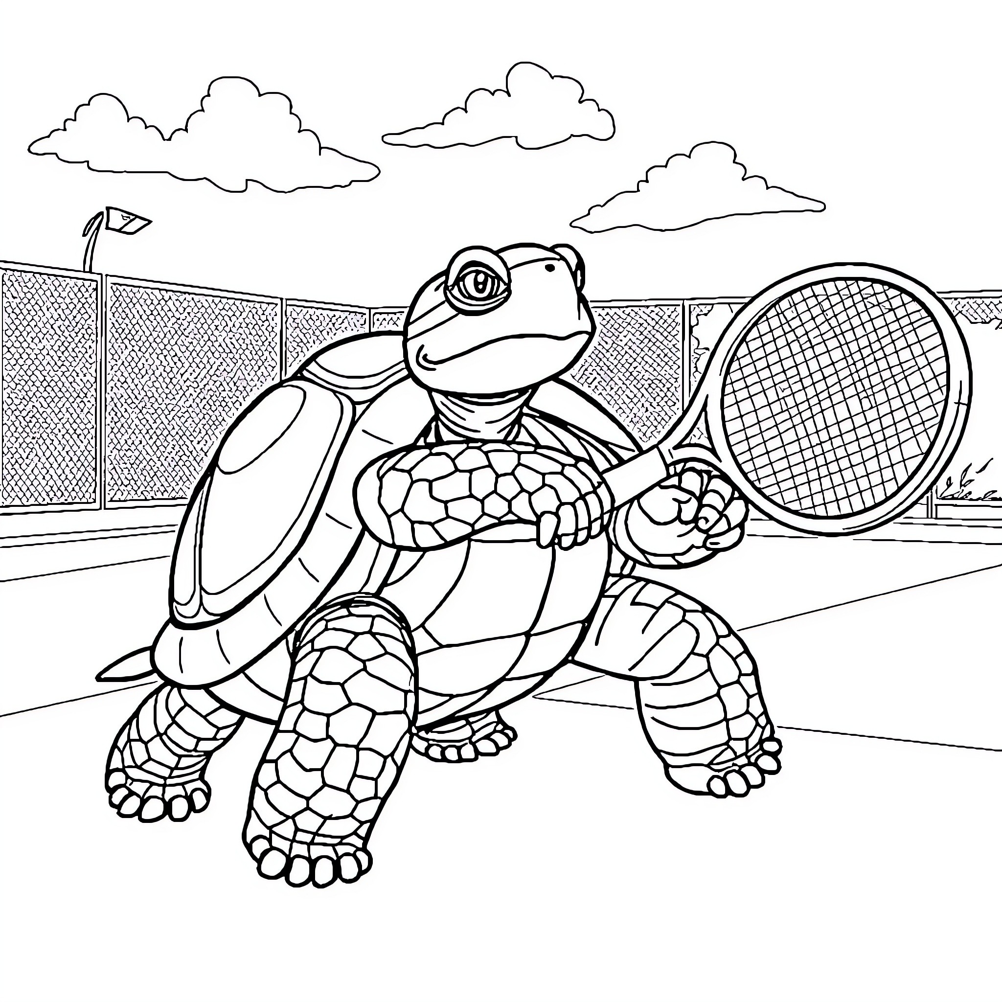 Tortank playing tennis on the court Coloring Page (free black-and-white line drawing printable PDF for all, from beginners to advanced learners, including children, teens, adults, and seniors)