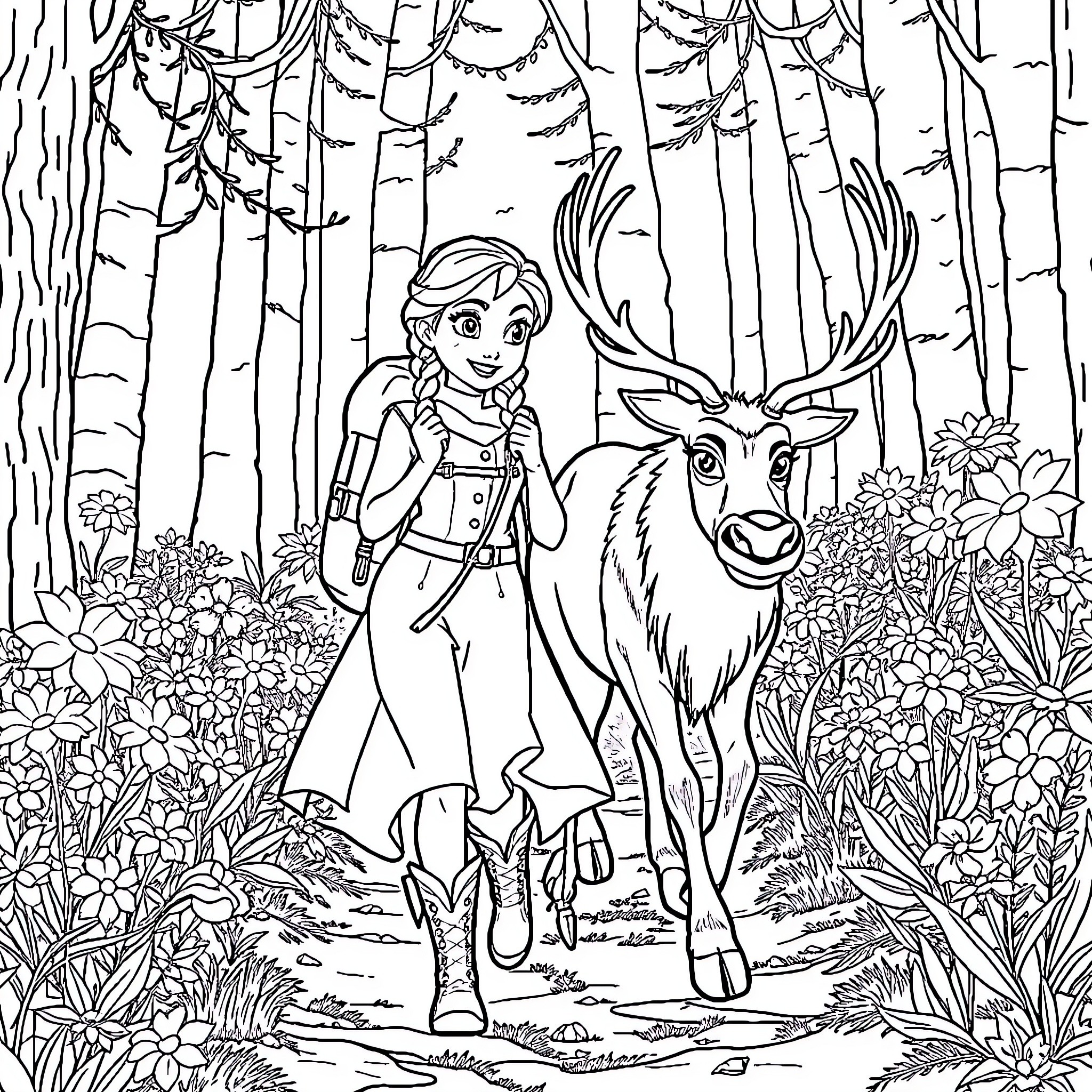 Elsa exploring the magical forest with Sven Coloring Page (free black-and-white line drawing printable PDF for all, from beginners to advanced learners, including children, teens, adults, and seniors)