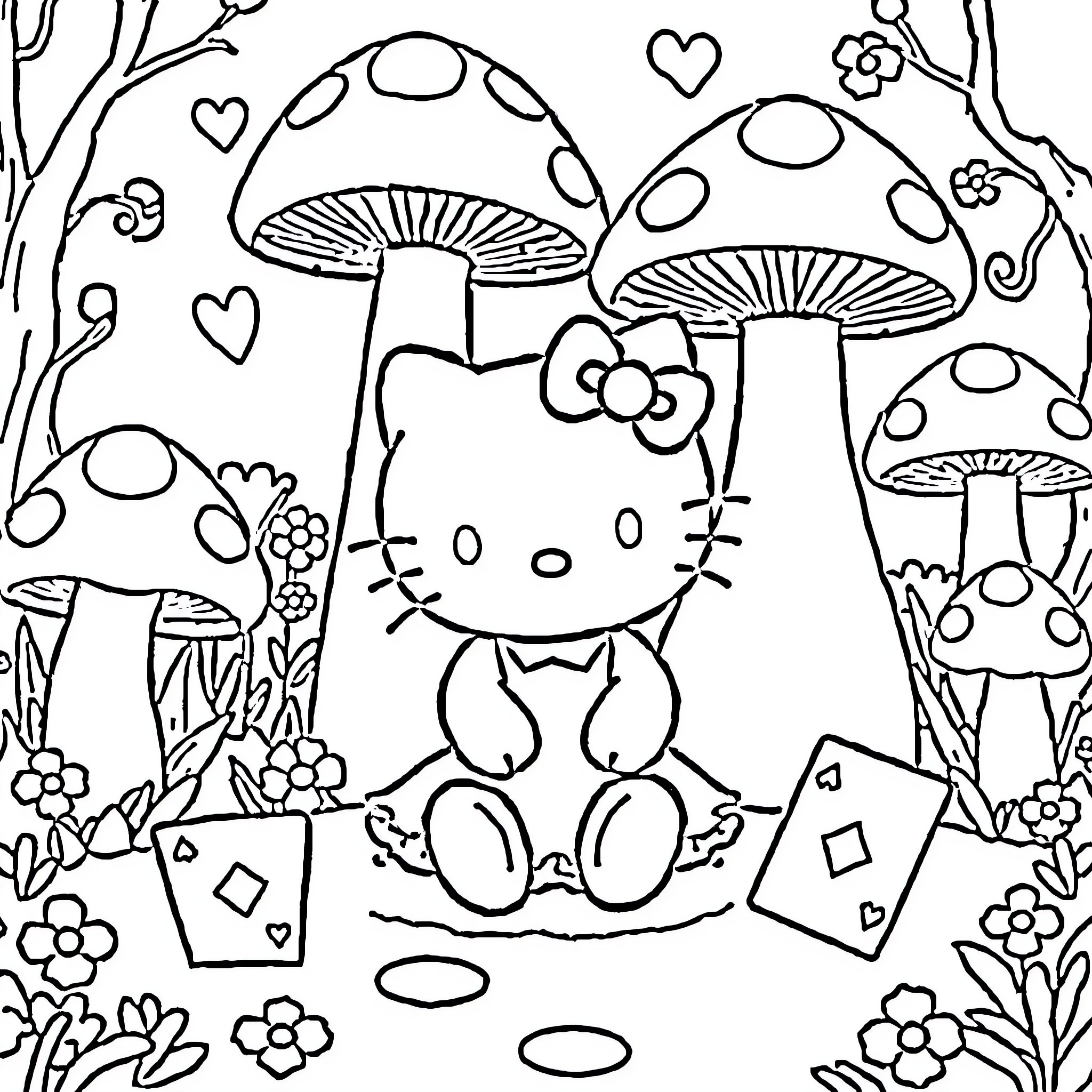 Hello Kitty playing in a magical mushroom garden Coloring Page (free black-and-white line drawing printable PDF for all, from beginners to advanced learners, including children, teens, adults, and seniors)