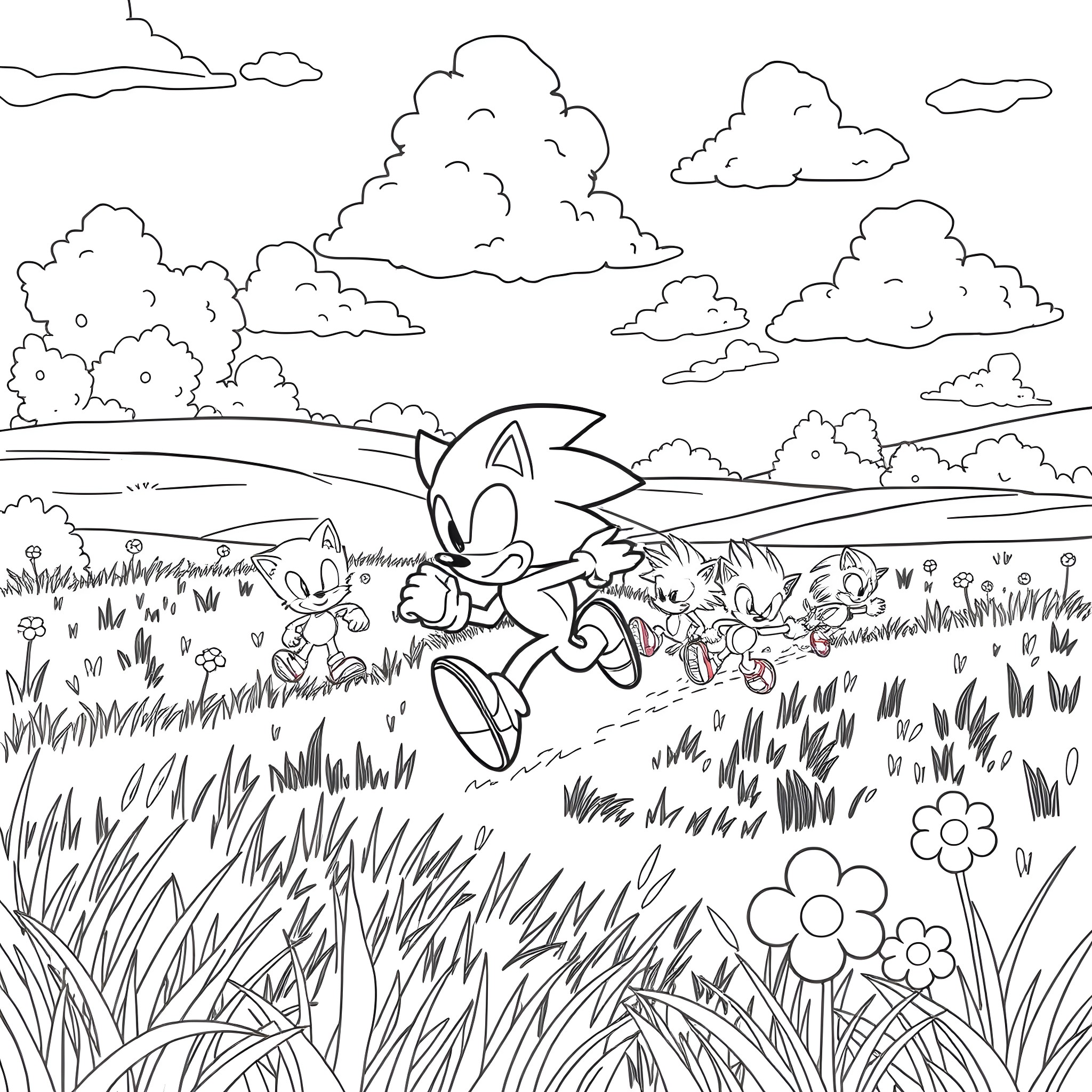 Sonic Runs Through the Lush Meadow Coloring Page (free black-and-white line drawing printable PDF for all, from beginners to advanced learners, including children, teens, adults, and seniors)