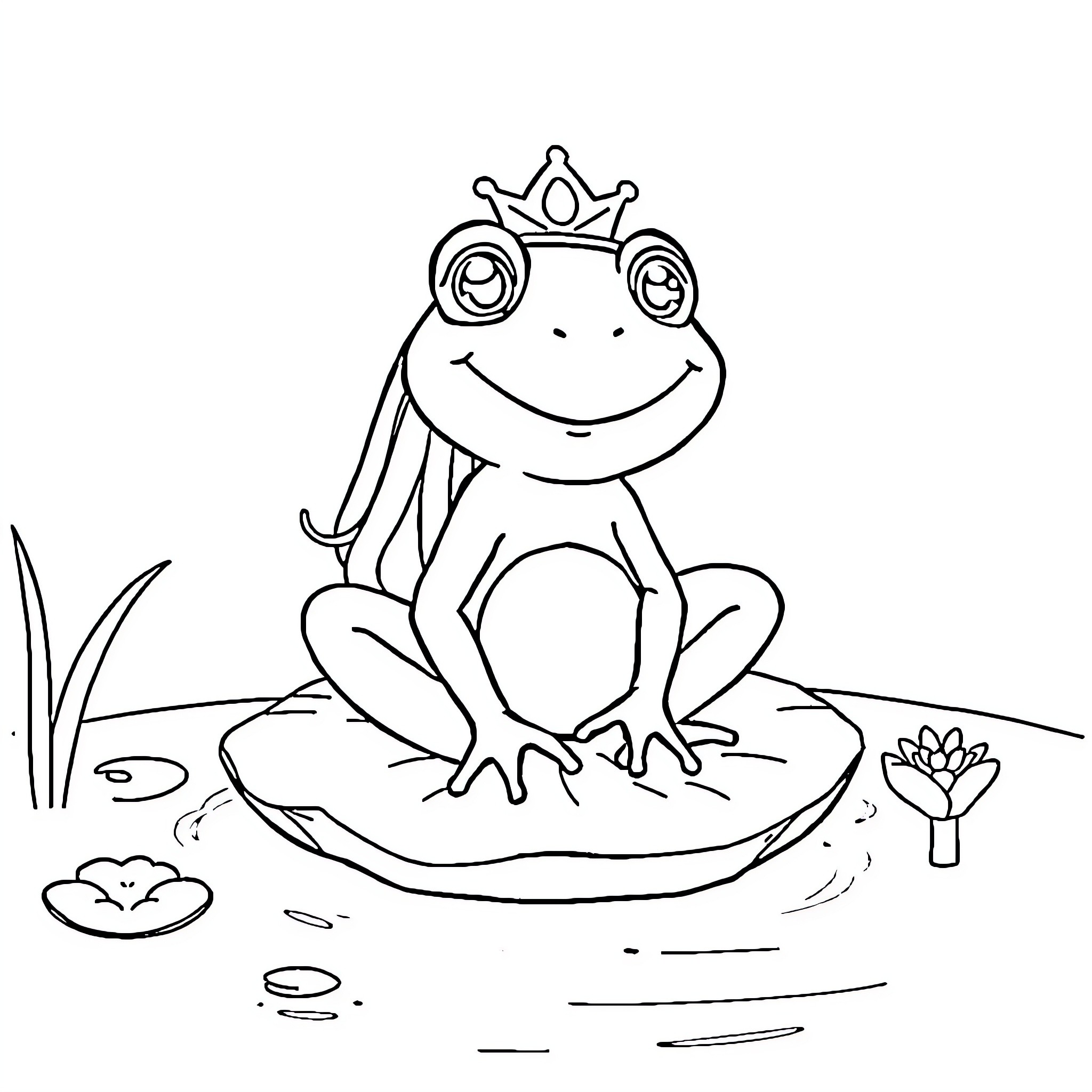 Frog wearing a crown sitting on a lily pad Coloring Page (free black-and-white line drawing printable PDF for all, from beginners to advanced learners, including children, teens, adults, and seniors)