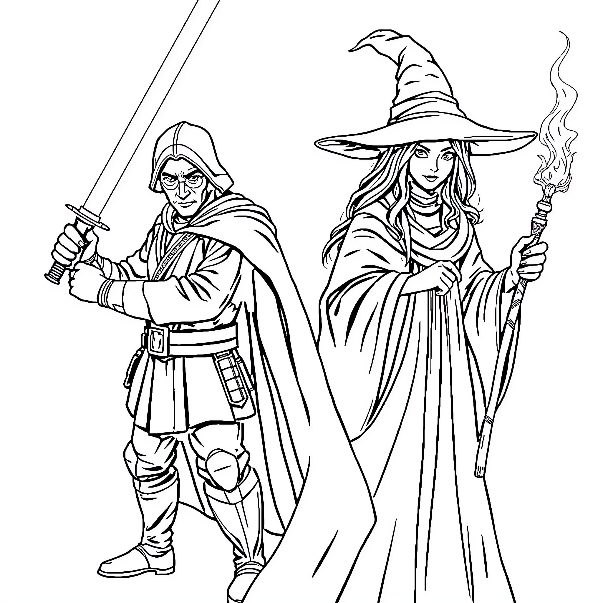 Jedi Knights in Ceremonial Attire Coloring Page (free black-and-white line drawing printable PDF for all, from beginners to advanced learners, including children, teens, adults, and seniors)