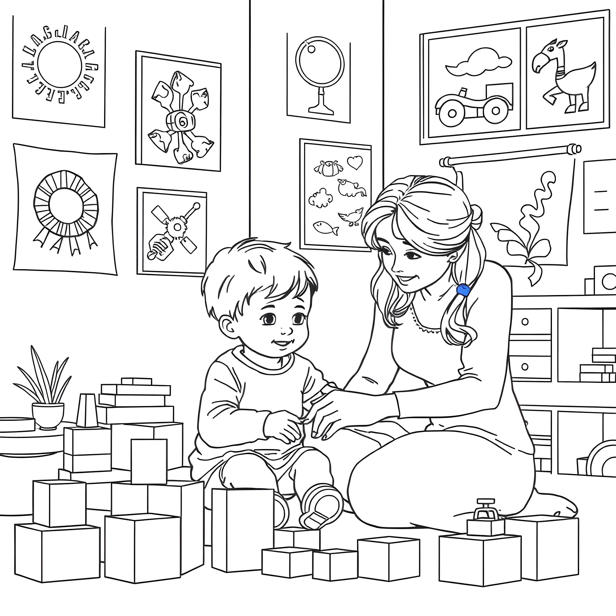 Teacher helping student with arts and crafts activities Coloring Page (free black-and-white line drawing printable PDF for all, from beginners to advanced learners, including children, teens, adults, and seniors)