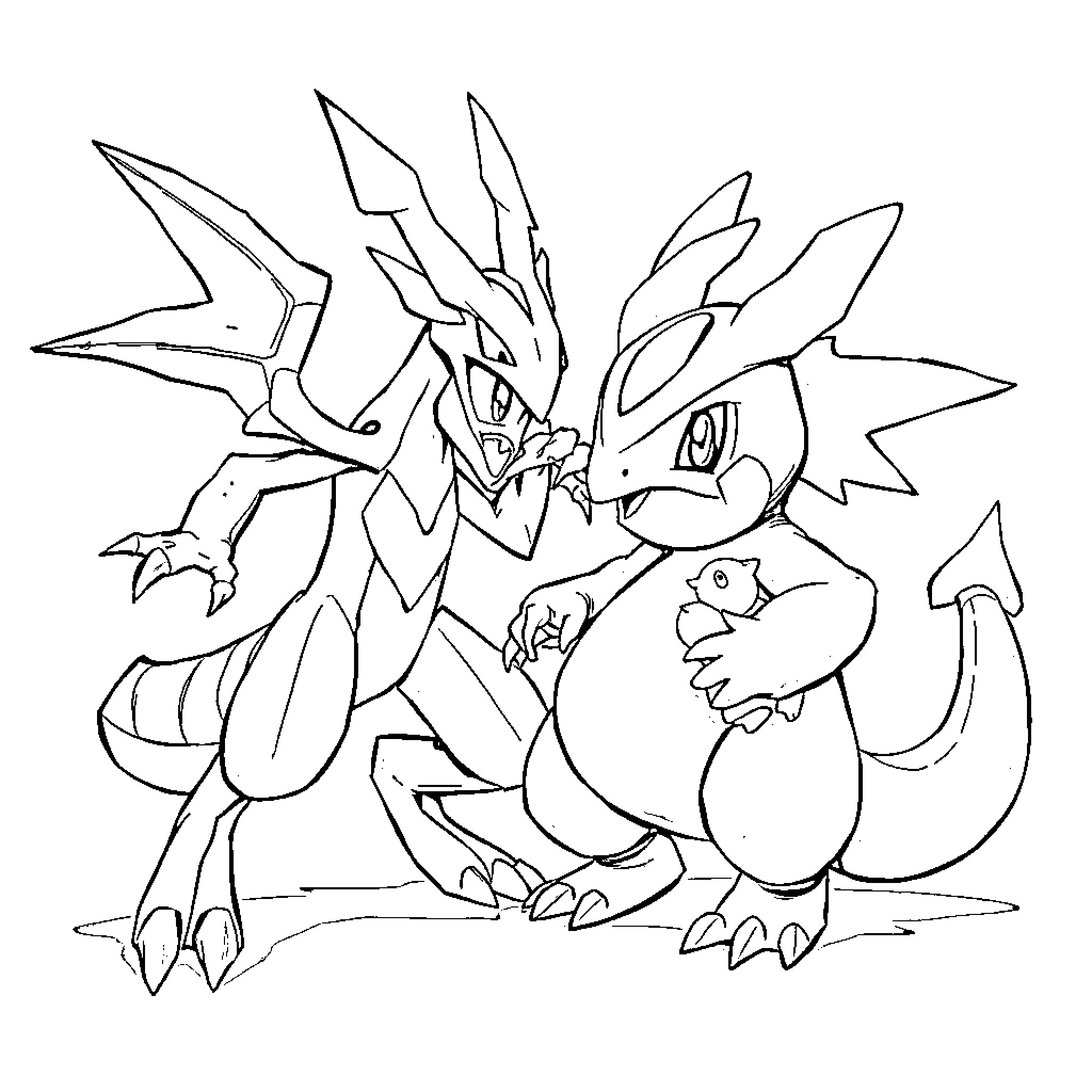 Scizor engaged in fierce battle with Pokémon companions Coloring Page (free black-and-white line drawing printable PDF for all, from beginners to advanced learners, including children, teens, adults, and seniors)