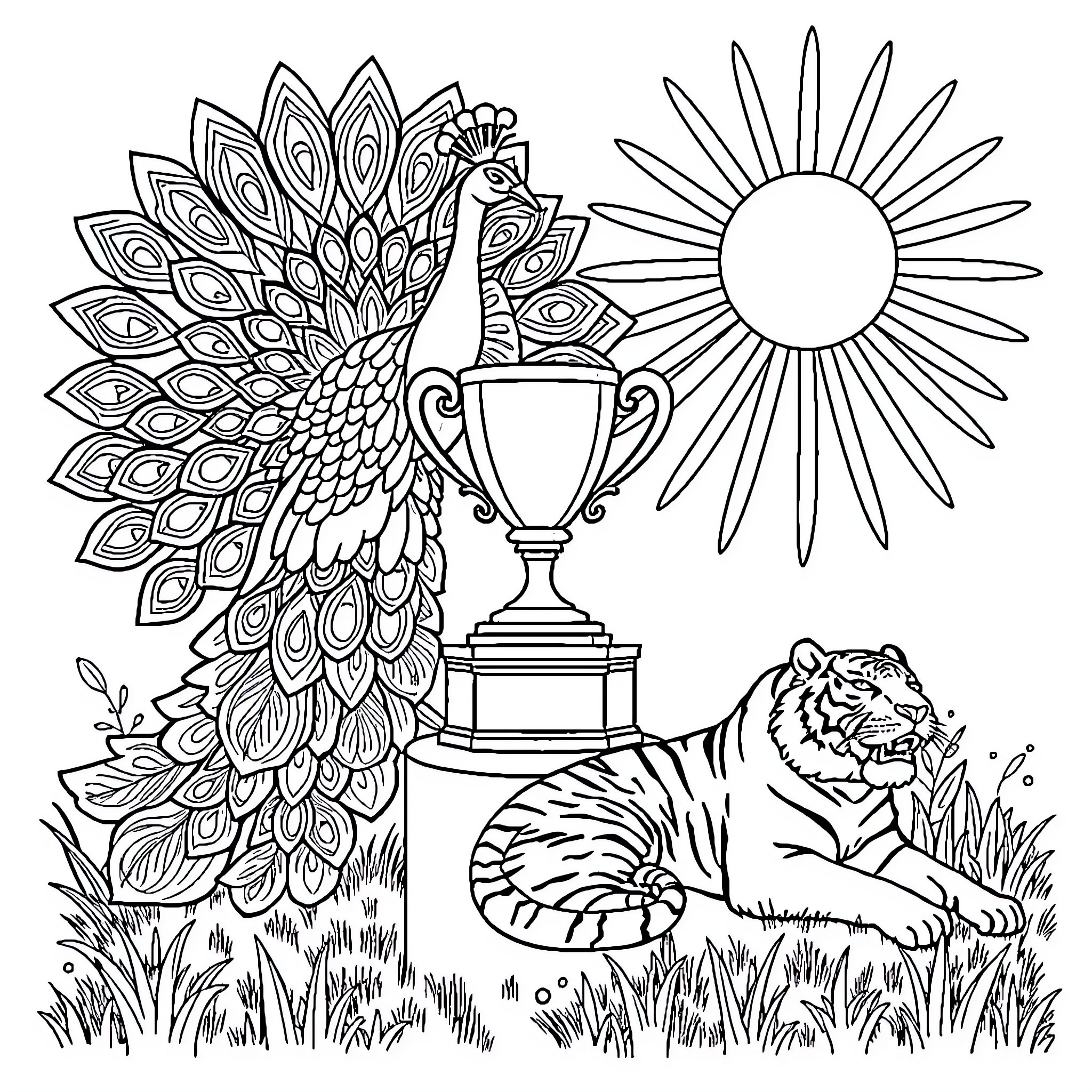 Peacock displaying its feathers in a serene landscape Coloring Page (free black-and-white line drawing printable PDF for all, from beginners to advanced learners, including children, teens, adults, and seniors)