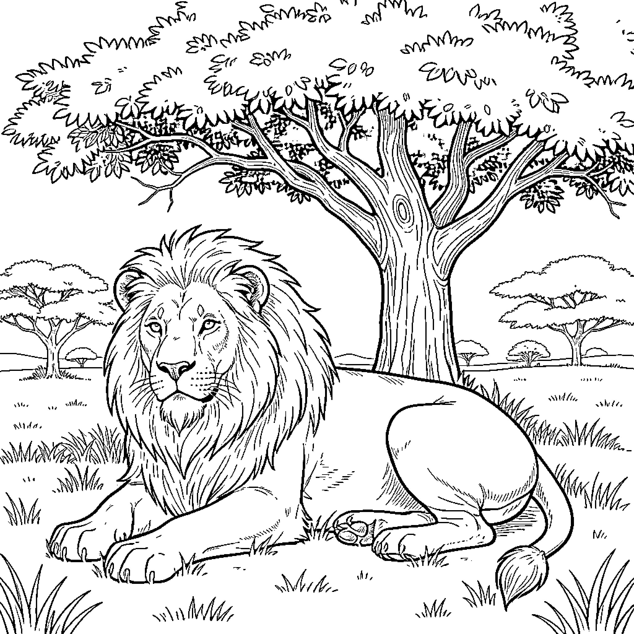 Lion resting in the African savanna Coloring Page (free black-and-white line drawing printable PDF for all, from beginners to advanced learners, including children, teens, adults, and seniors)