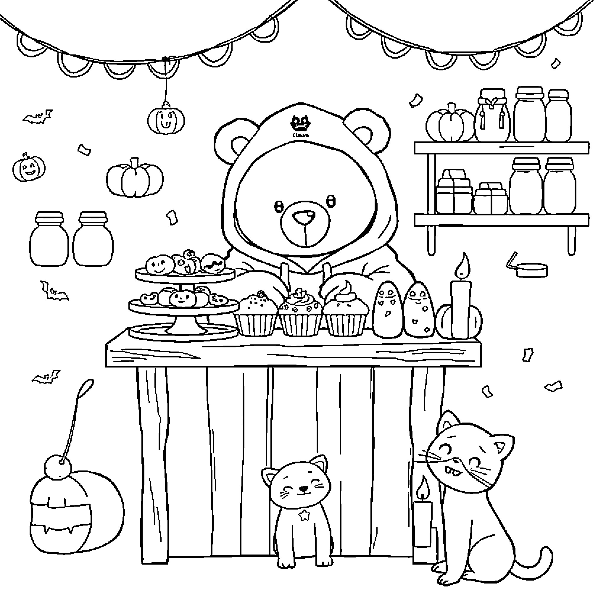 Bear preparing festive treats with cats Coloring Page (free black-and-white line drawing printable PDF for all, from beginners to advanced learners, including children, teens, adults, and seniors)