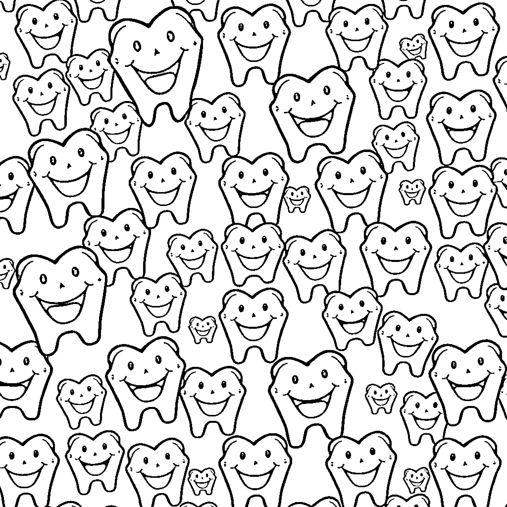 Tooth Crowd Smiling and Happy Coloring Page (free black-and-white line drawing printable PDF for all, from beginners to advanced learners, including children, teens, adults, and seniors)