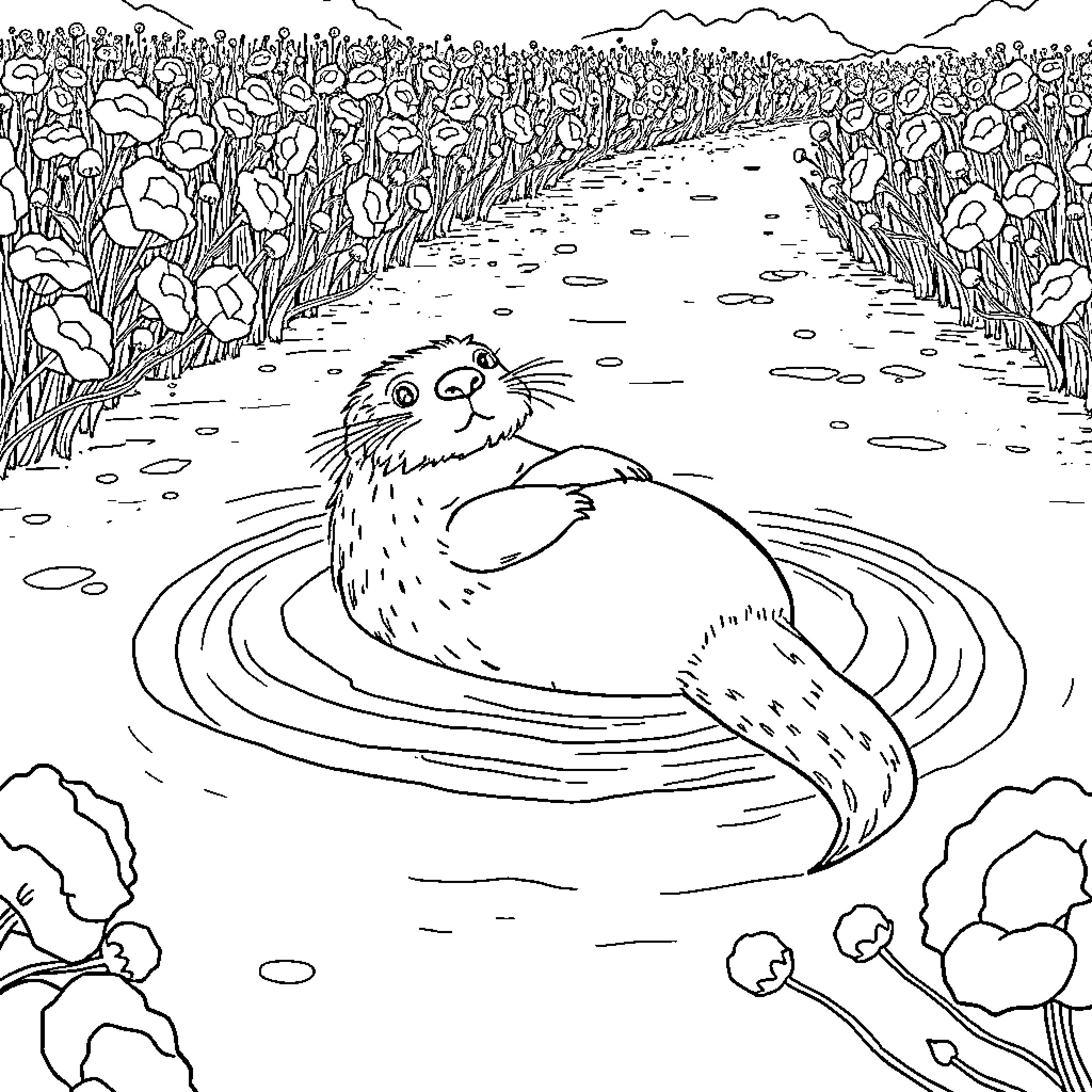 Otter swimming playfully in a field of flowers Coloring Page (free black-and-white line drawing printable PDF for all, from beginners to advanced learners, including children, teens, adults, and seniors)
