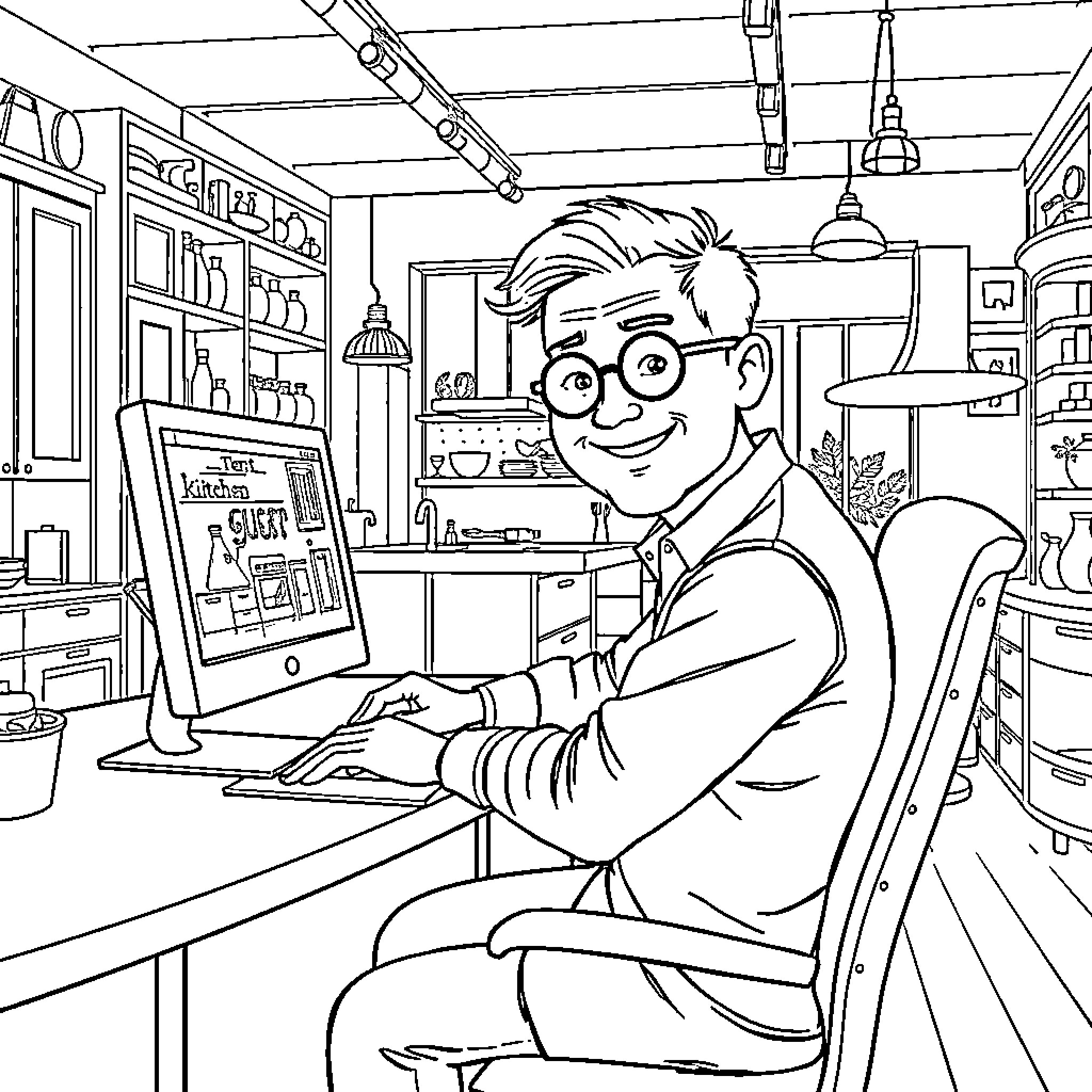 Man working diligently on computer in cozy kitchen Coloring Page (free black-and-white line drawing printable PDF for all, from beginners to advanced learners, including children, teens, adults, and seniors)