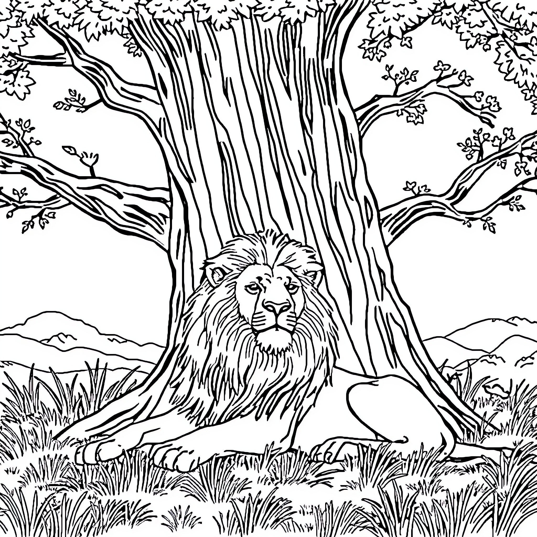 Lion resting peacefully in the forest Coloring Page (free black-and-white line drawing printable PDF for all, from beginners to advanced learners, including children, teens, adults, and seniors)