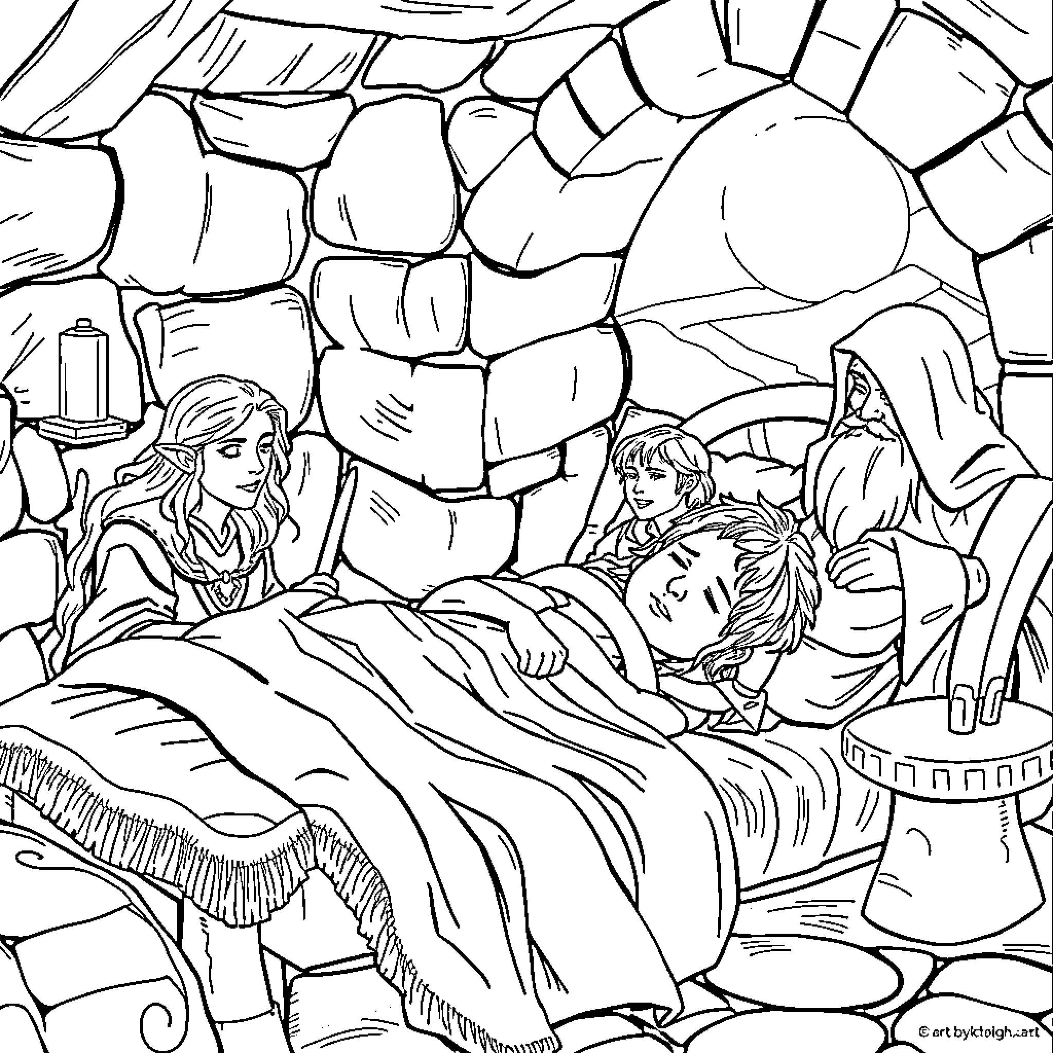 Frodo resting peacefully with his companions Coloring Page (free black-and-white line drawing printable PDF for all, from beginners to advanced learners, including children, teens, adults, and seniors)
