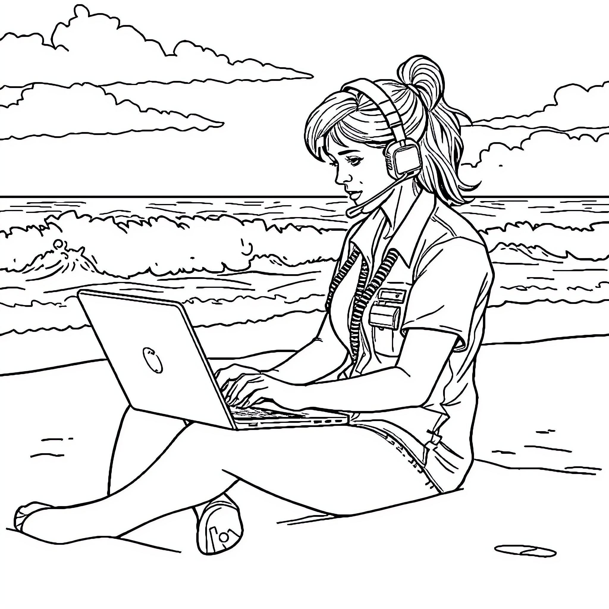 Woman working on laptop in scenic beach setting Coloring Page (free black-and-white line drawing printable PDF for all, from beginners to advanced learners, including children, teens, adults, and seniors)