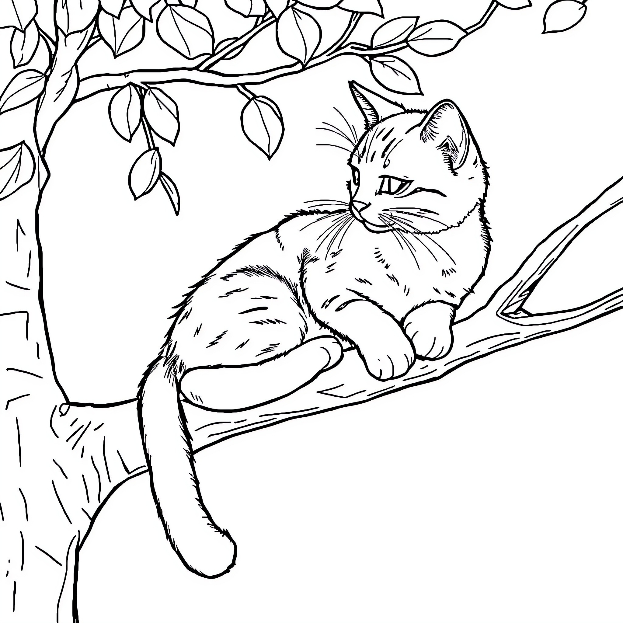 Cat relaxing on tree branch with leaves Coloring Page (free black-and-white line drawing printable PDF for all, from beginners to advanced learners, including children, teens, adults, and seniors)