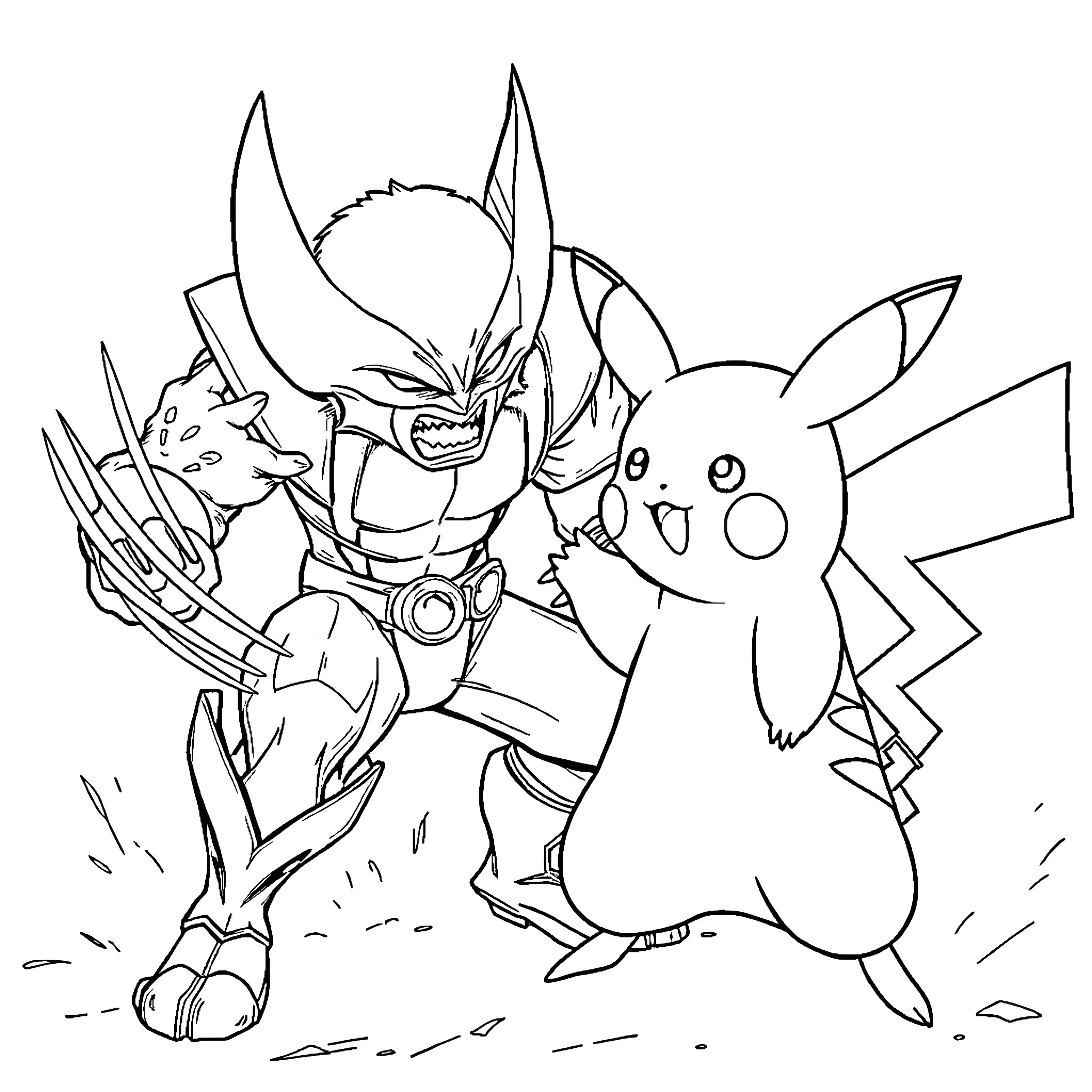 Wolverine and Pikachu in an action-packed scene Coloring Page (free black-and-white line drawing printable PDF for all, from beginners to advanced learners, including children, teens, adults, and seniors)