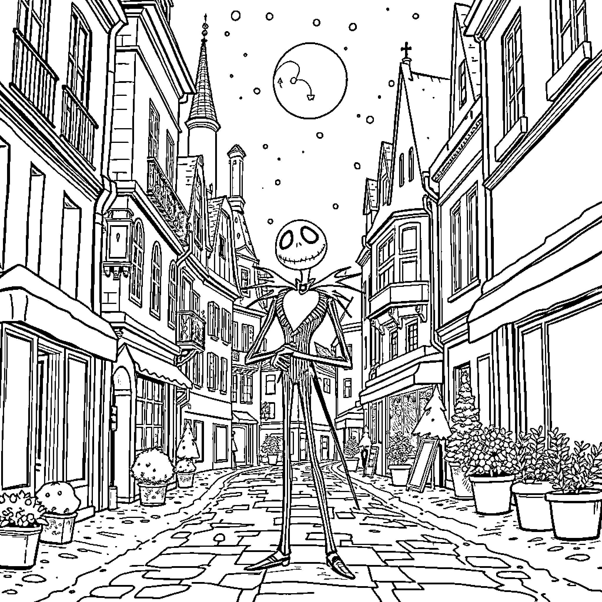 Jack Skellington exploring a whimsical town at night Coloring Page (free black-and-white line drawing printable PDF for all, from beginners to advanced learners, including children, teens, adults, and seniors)
