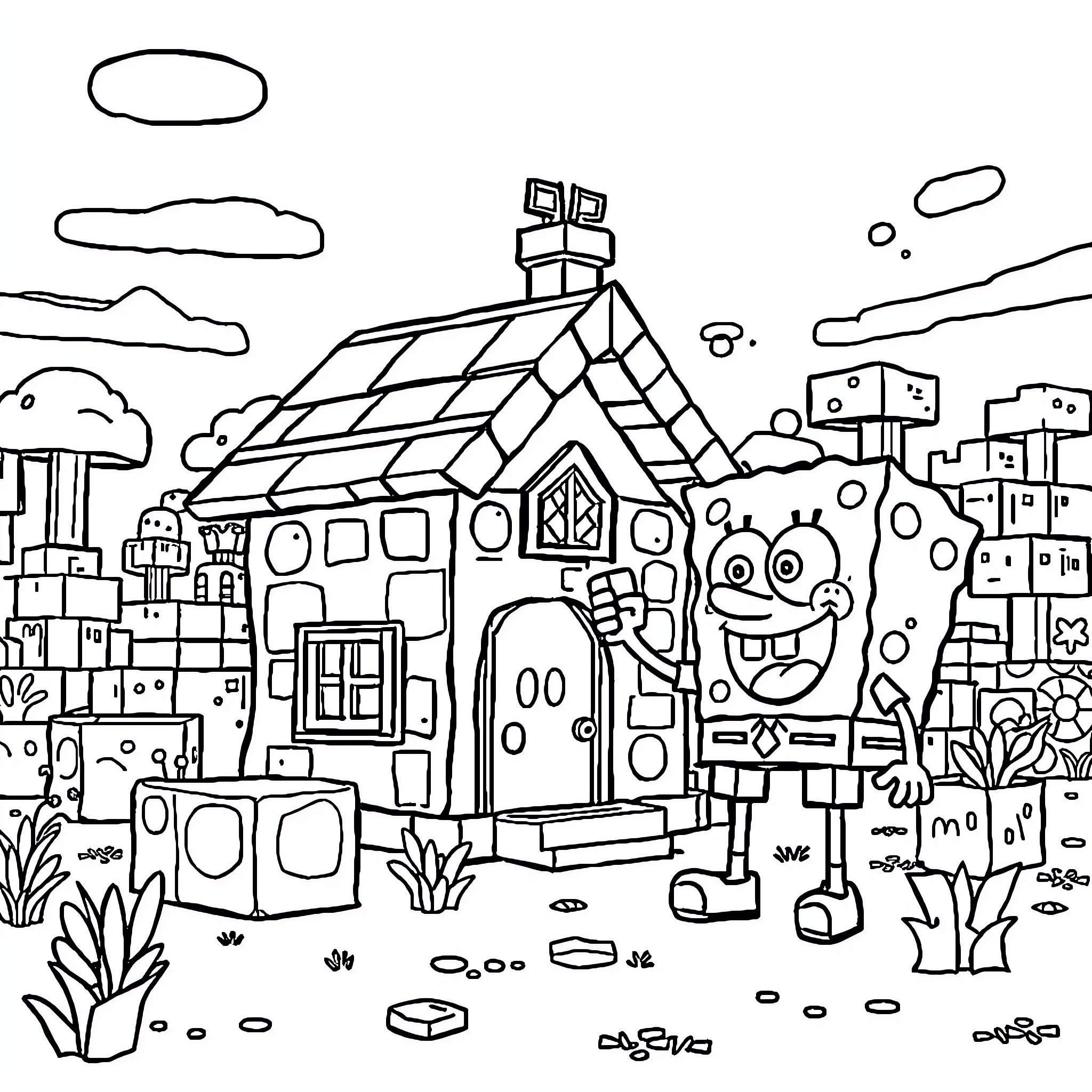 Sponge Bob's Colorful Neighborhood Adventure Coloring Page (free black-and-white line drawing printable PDF for all, from beginners to advanced learners, including children, teens, adults, and seniors)
