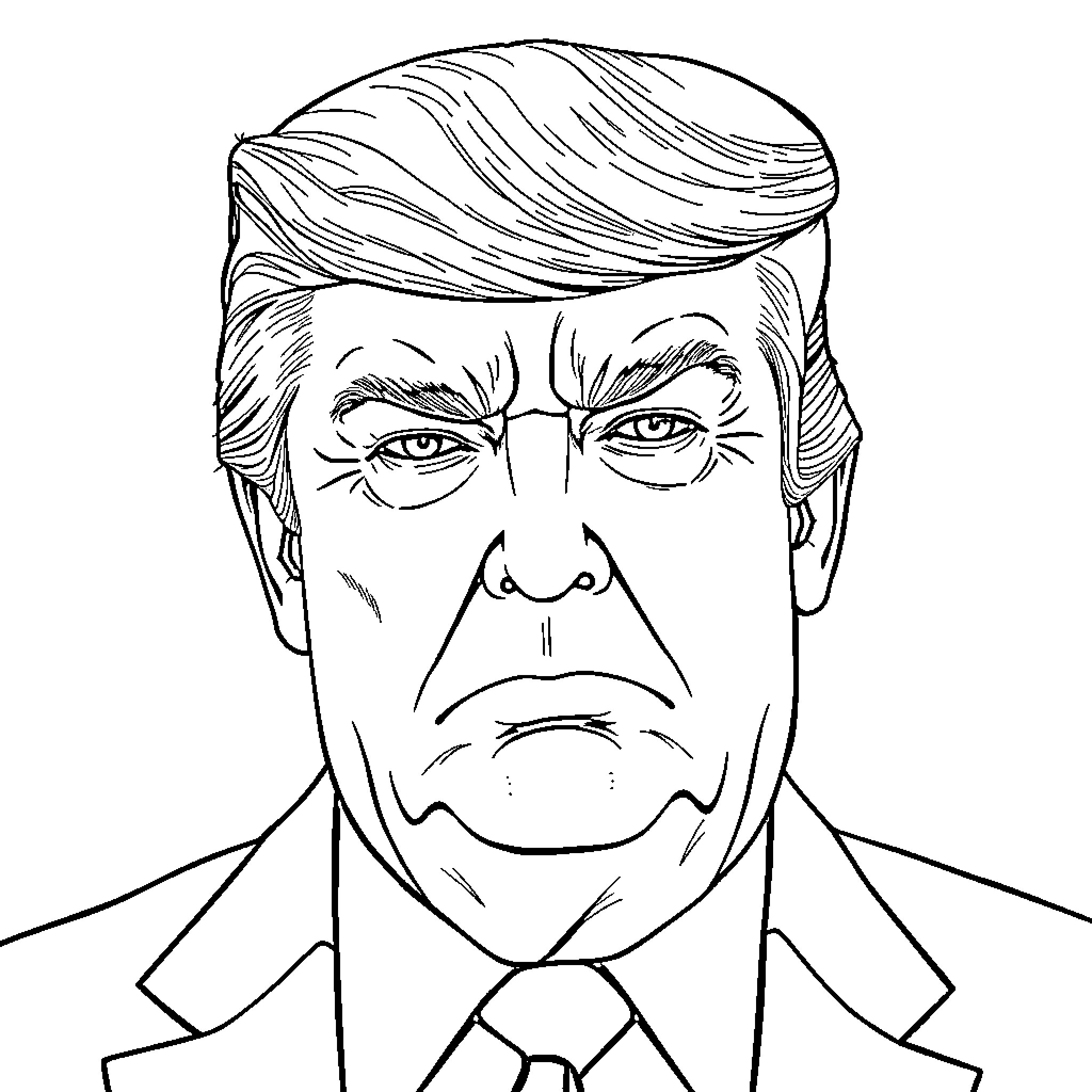 Trump scowling in an angry expression Coloring Page (free black-and-white line drawing printable PDF for all, from beginners to advanced learners, including children, teens, adults, and seniors)