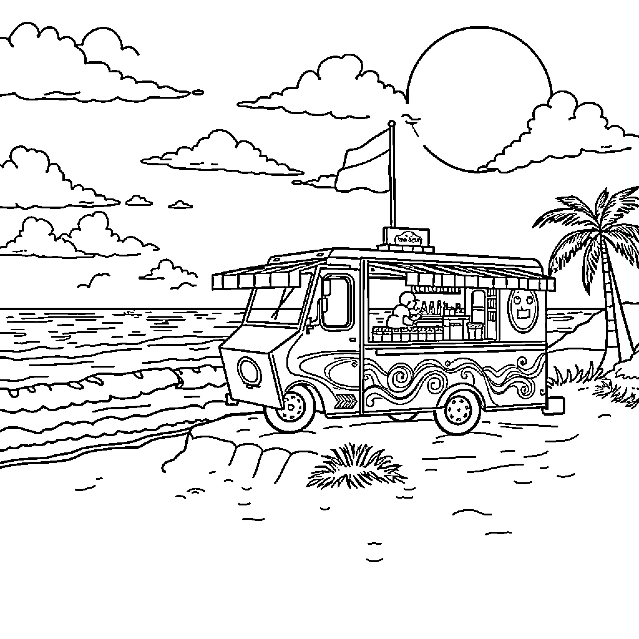 Food Truck Serving on Scenic Beach Coloring Page (free black-and-white line drawing printable PDF for all, from beginners to advanced learners, including children, teens, adults, and seniors)