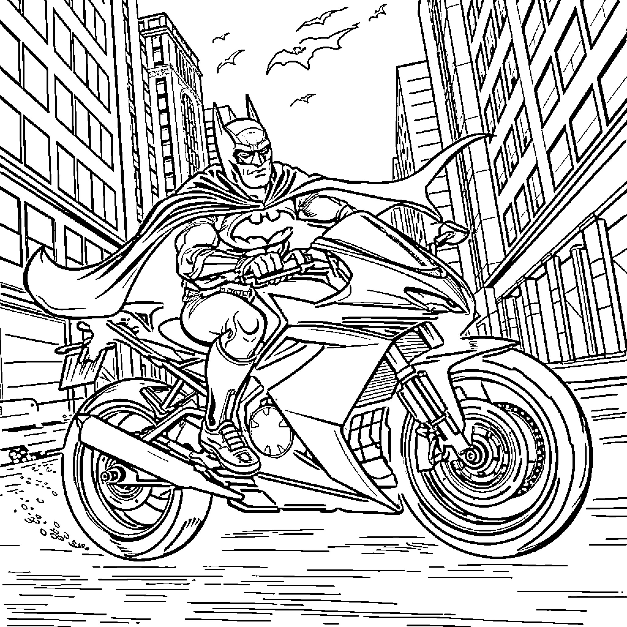 Batman soaring through the city on his motorcycle Coloring Page (free black-and-white line drawing printable PDF for all, from beginners to advanced learners, including children, teens, adults, and seniors)