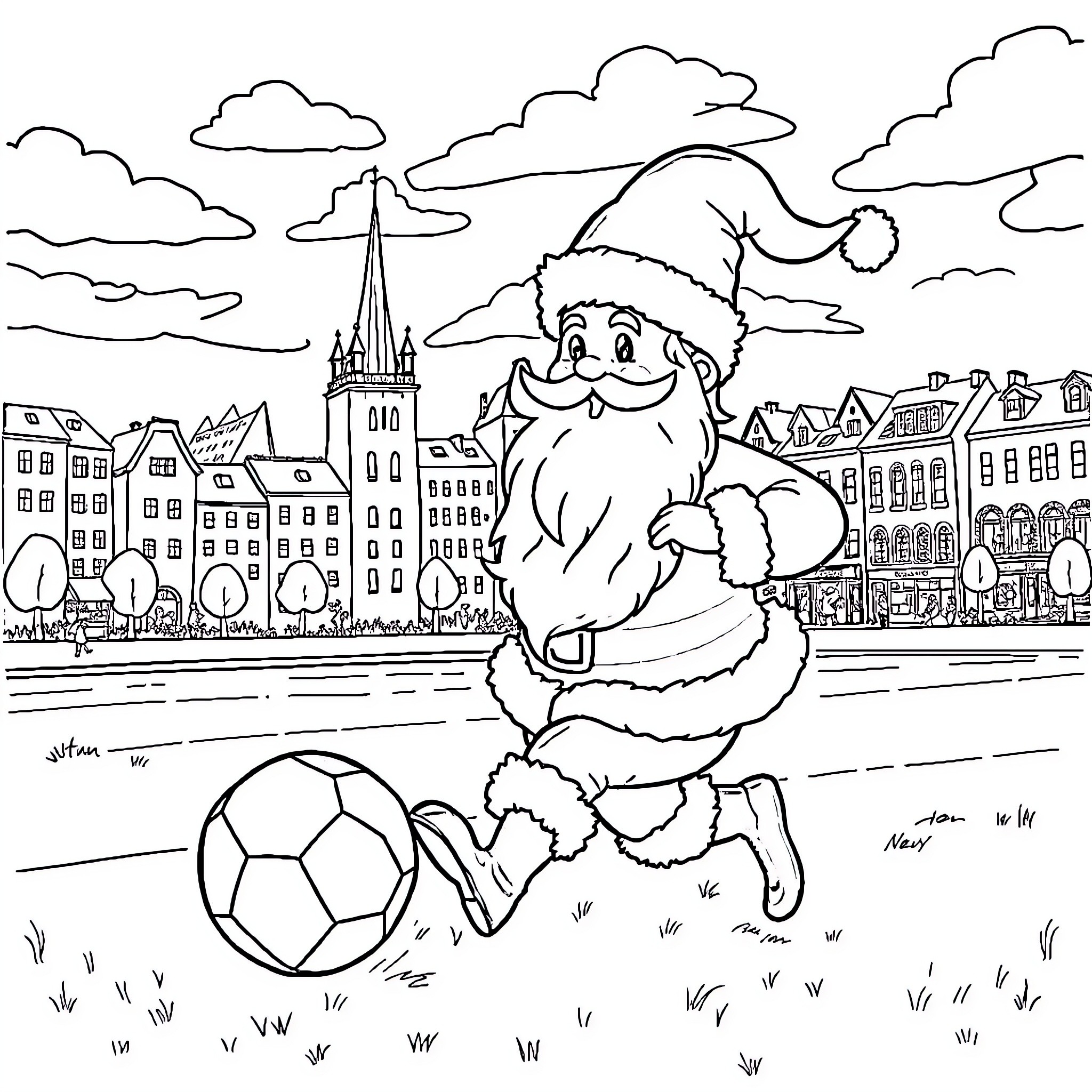 Santa playing joyfully with soccer ball in town Coloring Page (free black-and-white line drawing printable PDF for all, from beginners to advanced learners, including children, teens, adults, and seniors)