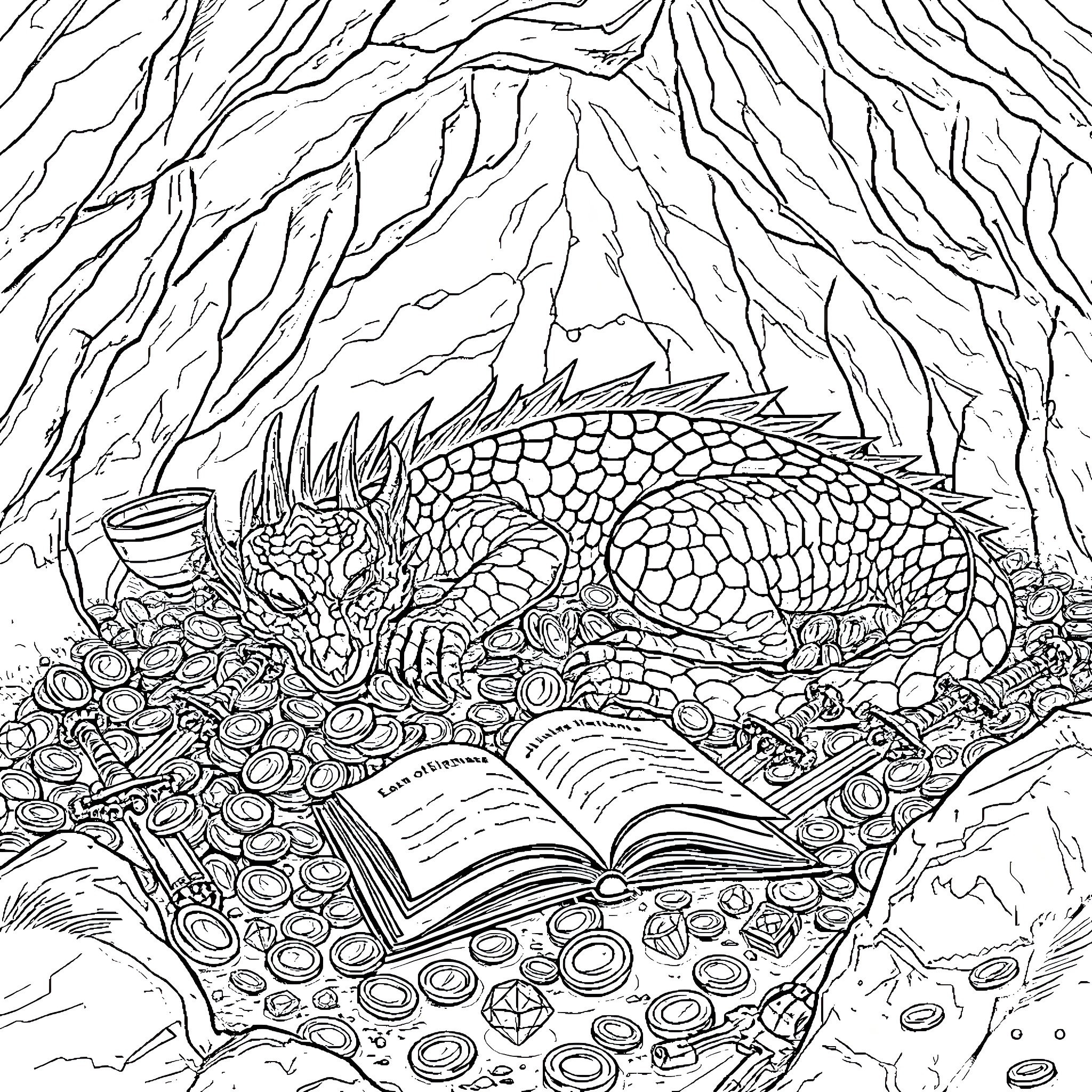 Dragon guarding a book of enchantment in a mystical cave Coloring Page (free black-and-white line drawing printable PDF for all, from beginners to advanced learners, including children, teens, adults, and seniors)