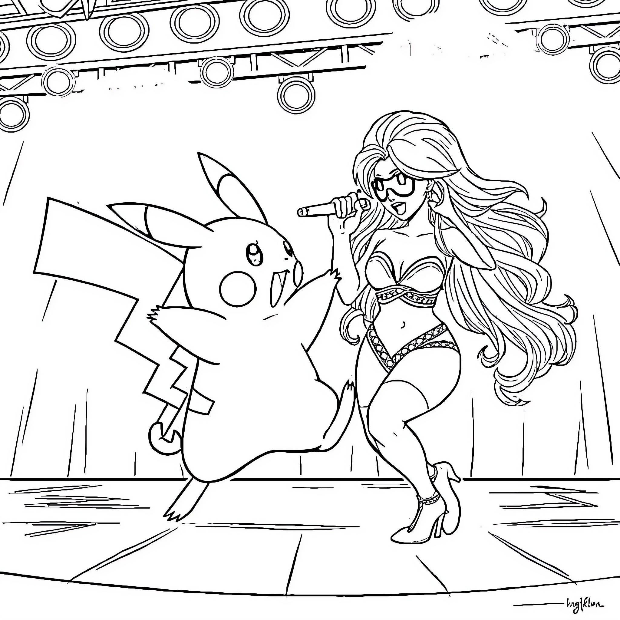 Pikachu and Performer on Stage Coloring Page (free black-and-white line drawing printable PDF for all, from beginners to advanced learners, including children, teens, adults, and seniors)