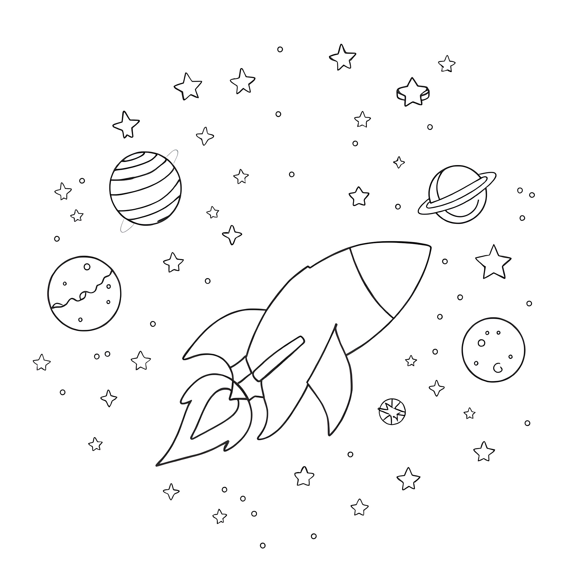 Rocket exploring the cosmic space with stars Coloring Page (free black-and-white line drawing printable PDF for all, from beginners to advanced learners, including children, teens, adults, and seniors)