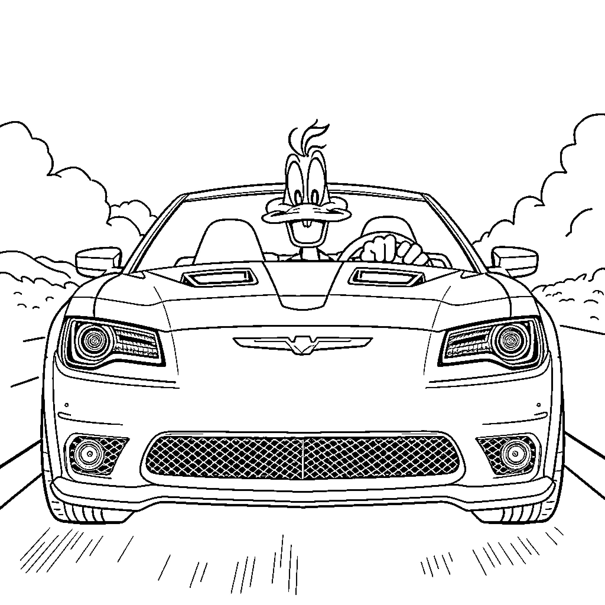 Chrysler Hellcat with Animated Character on Road Coloring Page (free black-and-white line drawing printable PDF for all, from beginners to advanced learners, including children, teens, adults, and seniors)