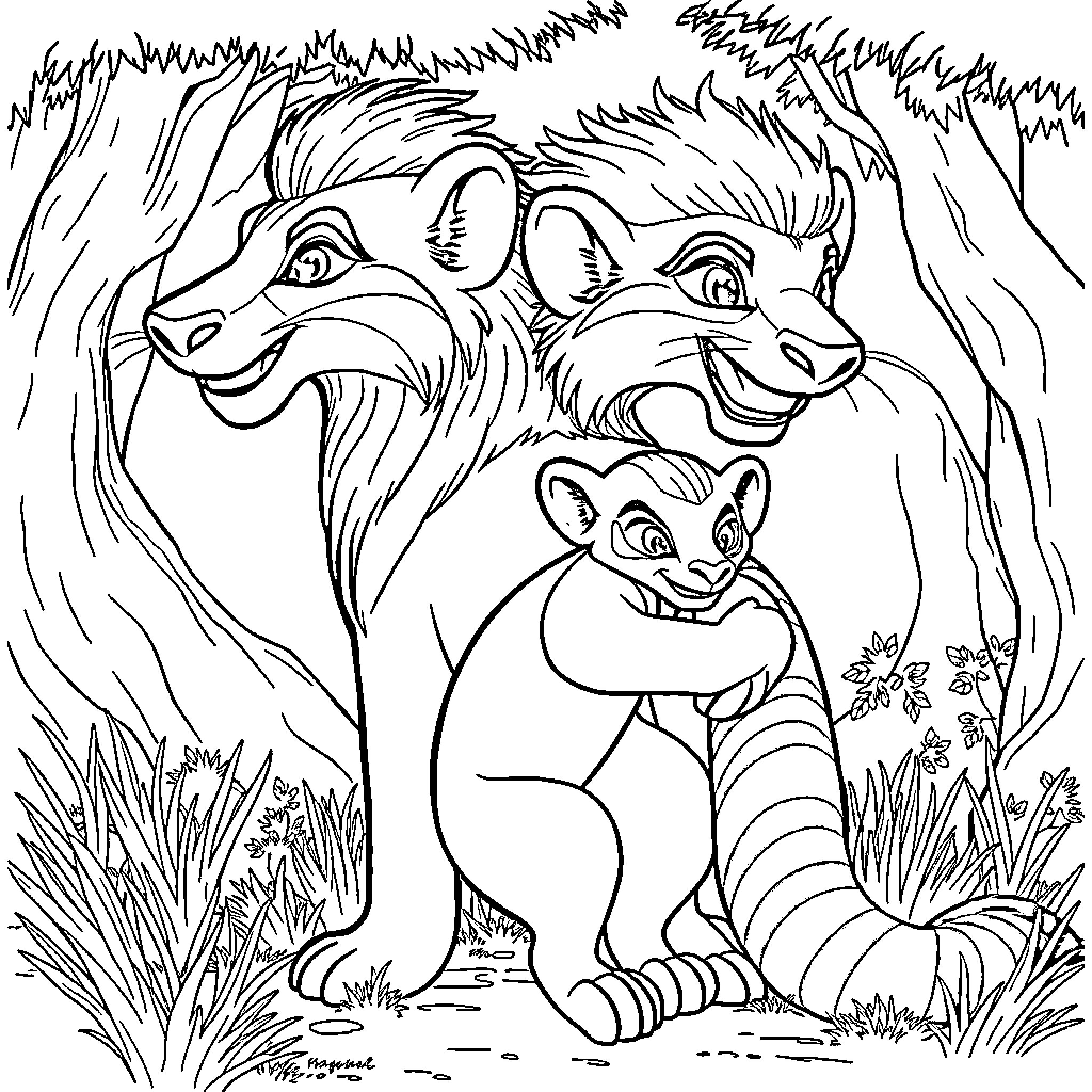 Lion family in the wild jungle Coloring Page (free black-and-white line drawing printable PDF for all, from beginners to advanced learners, including children, teens, adults, and seniors)