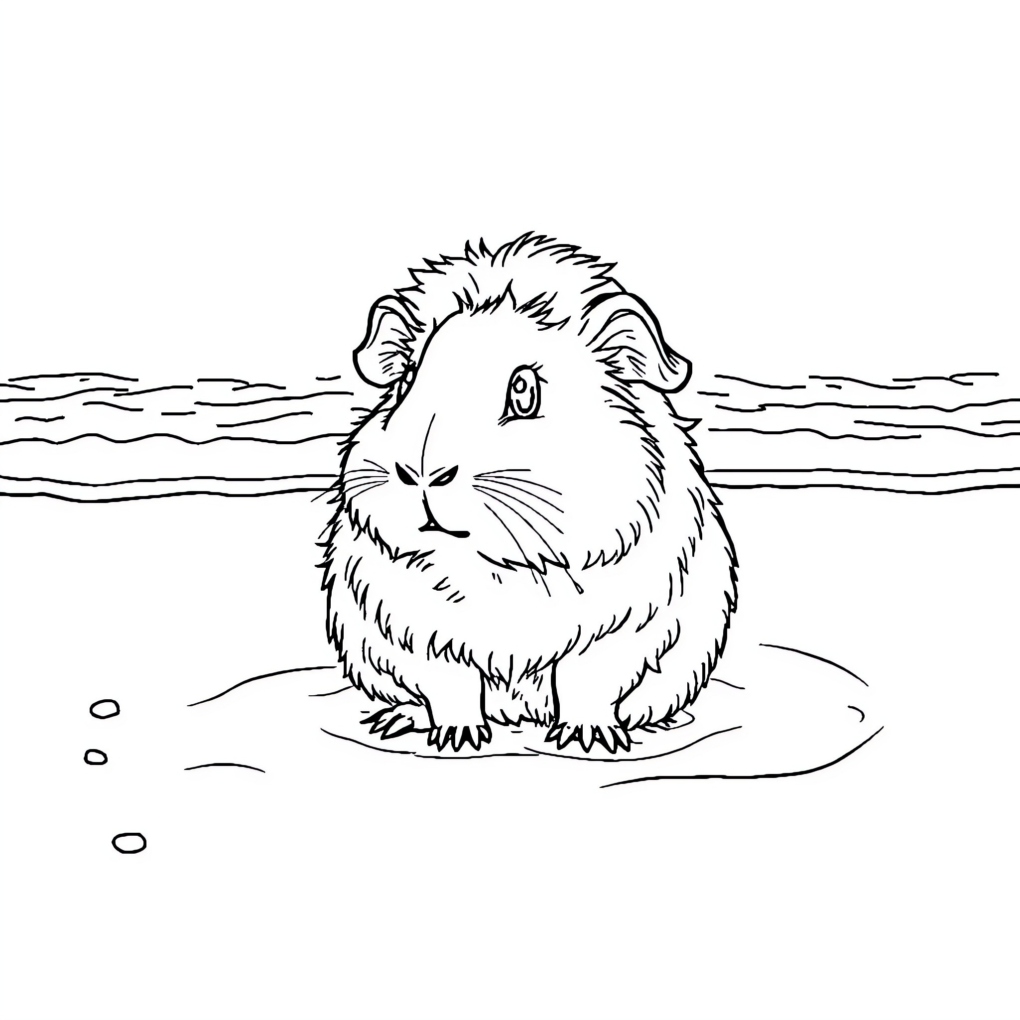 Guinea Pig sitting peacefully by the water Coloring Page (free black-and-white line drawing printable PDF for all, from beginners to advanced learners, including children, teens, adults, and seniors)