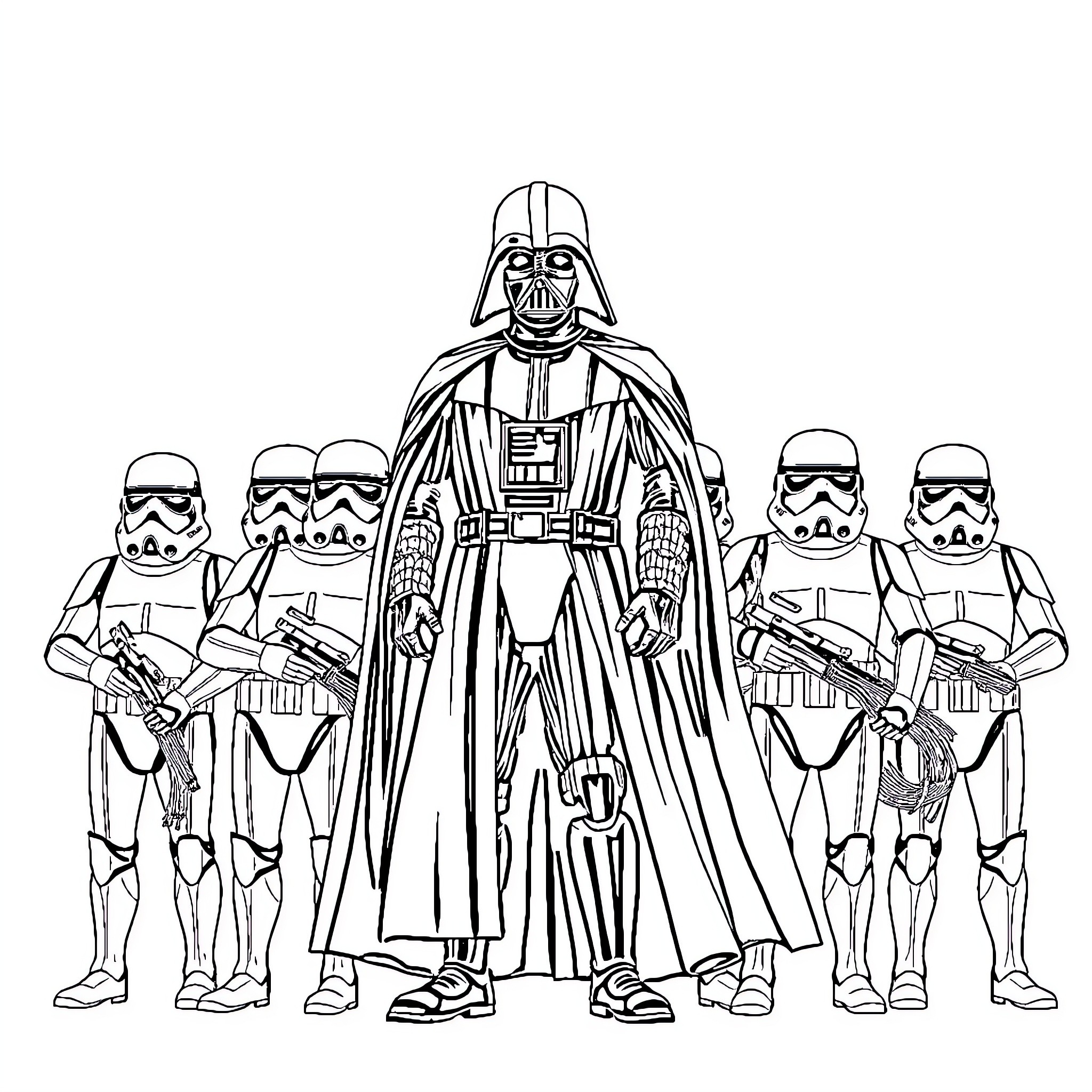 Darth Vader leading a group of Stormtroopers Coloring Page (free black-and-white line drawing printable PDF for all, from beginners to advanced learners, including children, teens, adults, and seniors)
