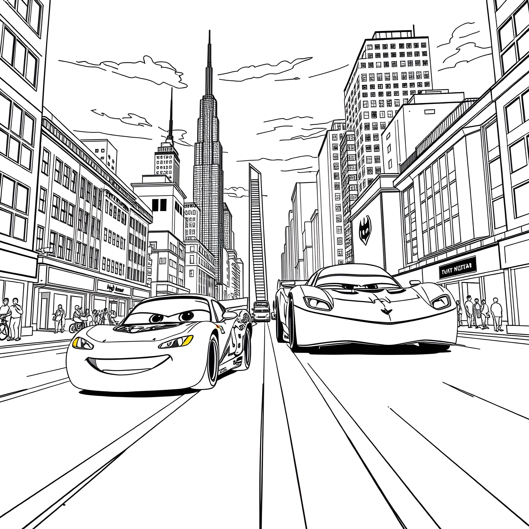 Lightning McQueen racing through the busy city streets Coloring Page (free black-and-white line drawing printable PDF for all, from beginners to advanced learners, including children, teens, adults, and seniors)