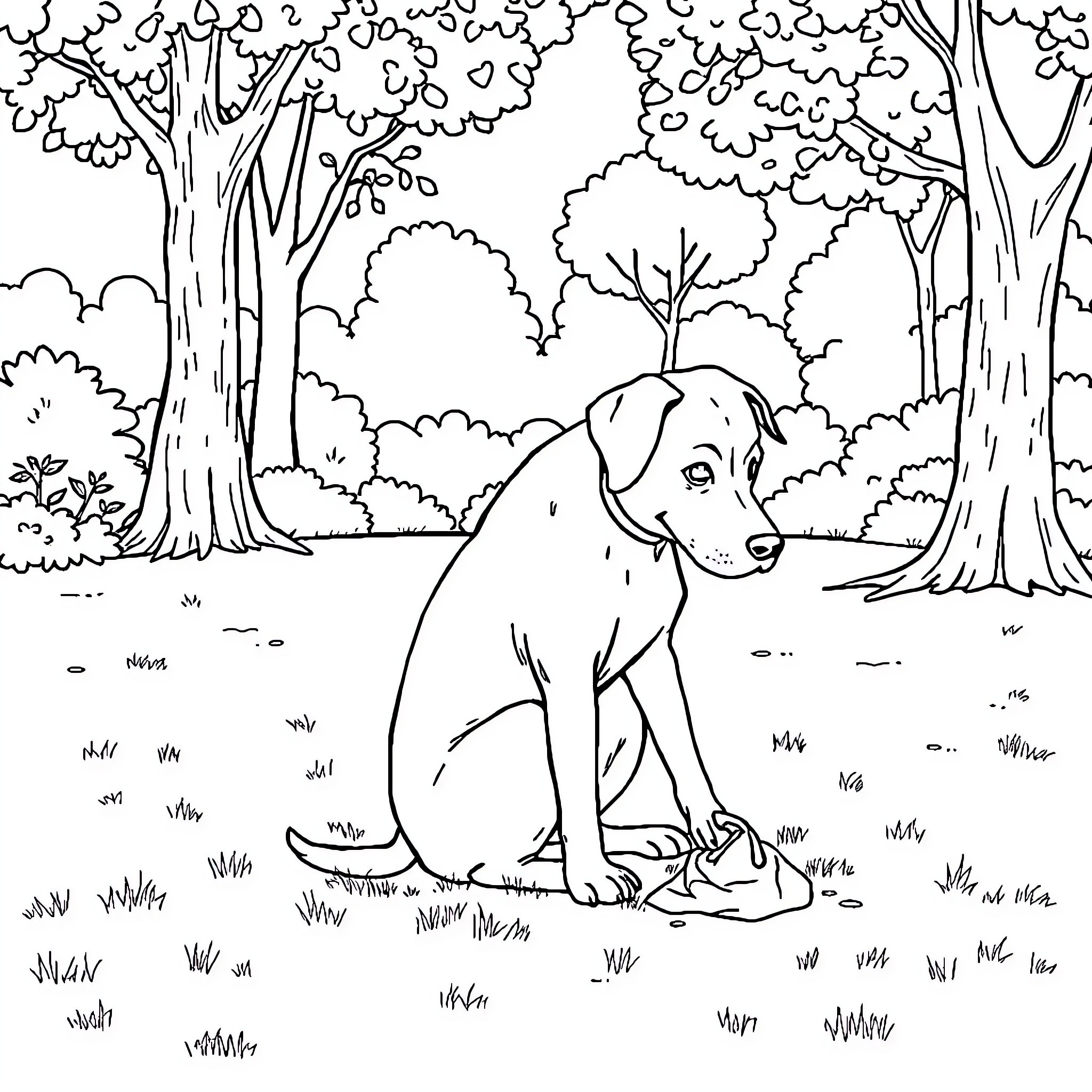 Dog exploring the forest scene Coloring Page (free black-and-white line drawing printable PDF for all, from beginners to advanced learners, including children, teens, adults, and seniors)