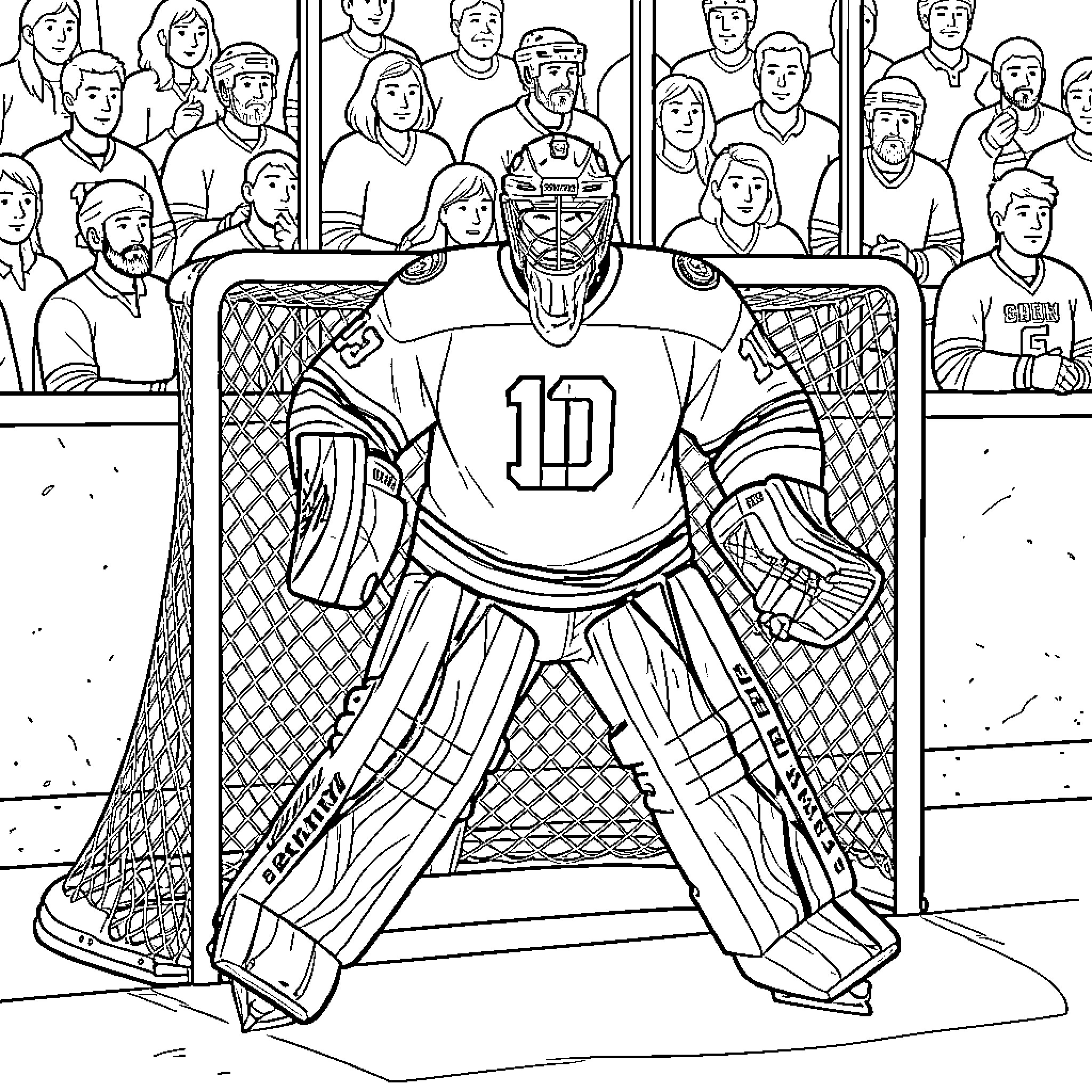Cam Ward standing ready in front of the hockey net Coloring Page (free black-and-white line drawing printable PDF for all, from beginners to advanced learners, including children, teens, adults, and seniors)