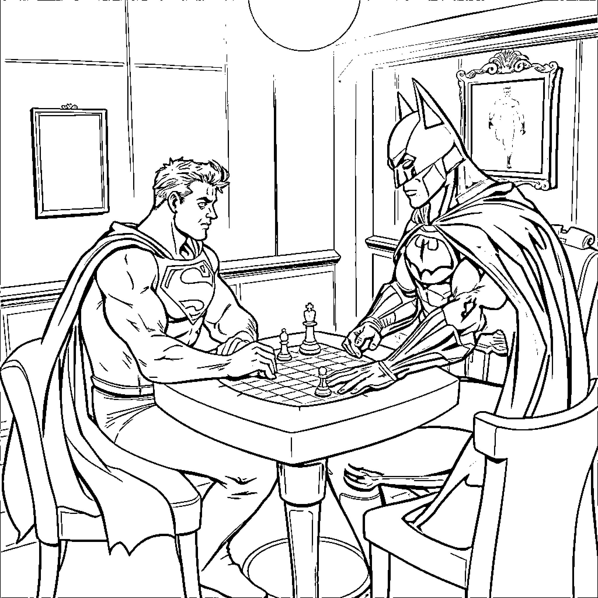 Superman and Batman playing chess in a room Coloring Page (free black-and-white line drawing printable PDF for all, from beginners to advanced learners, including children, teens, adults, and seniors)